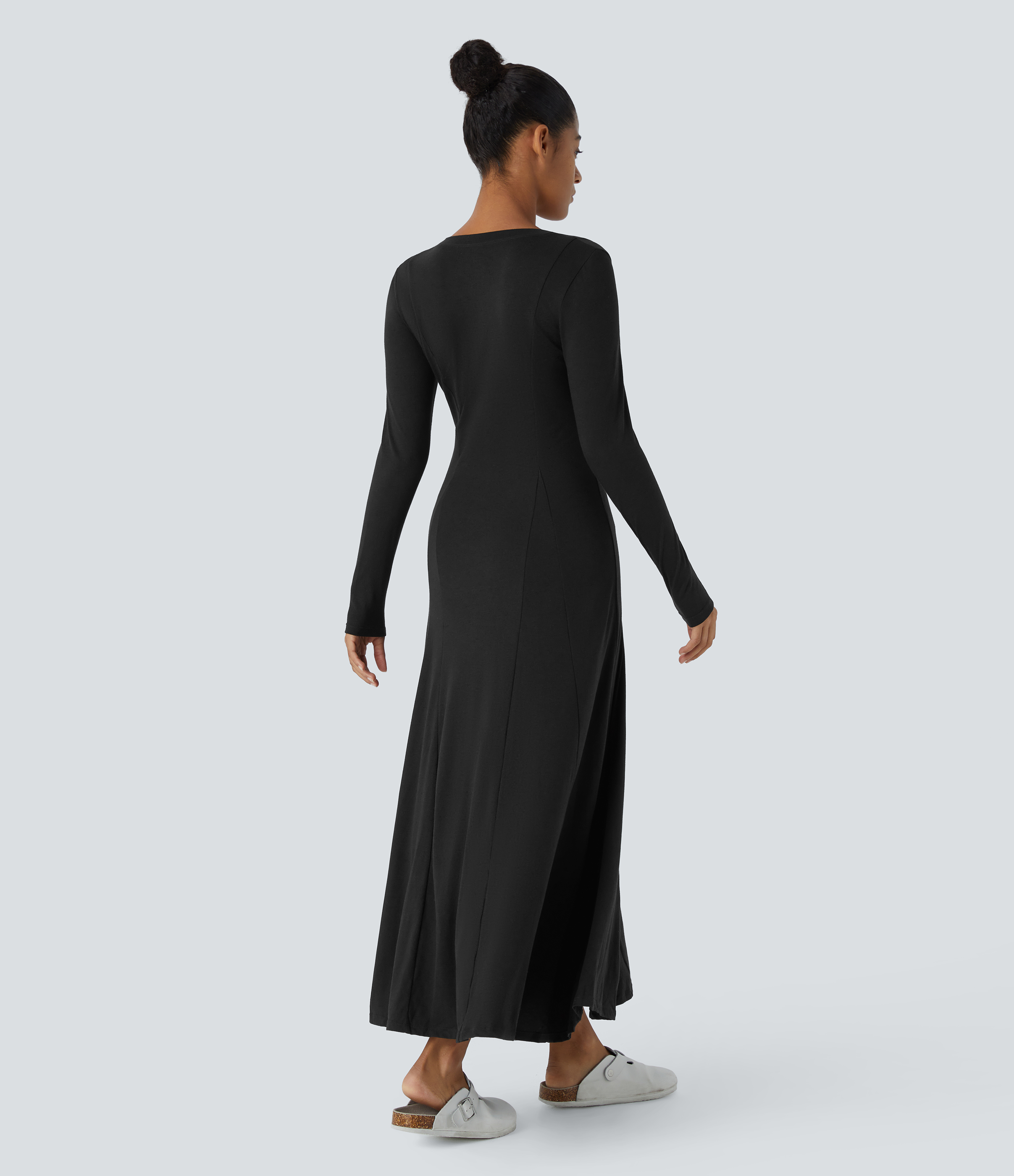Black Henley Long Sleeve Flare Maxi Casual Dress / 2