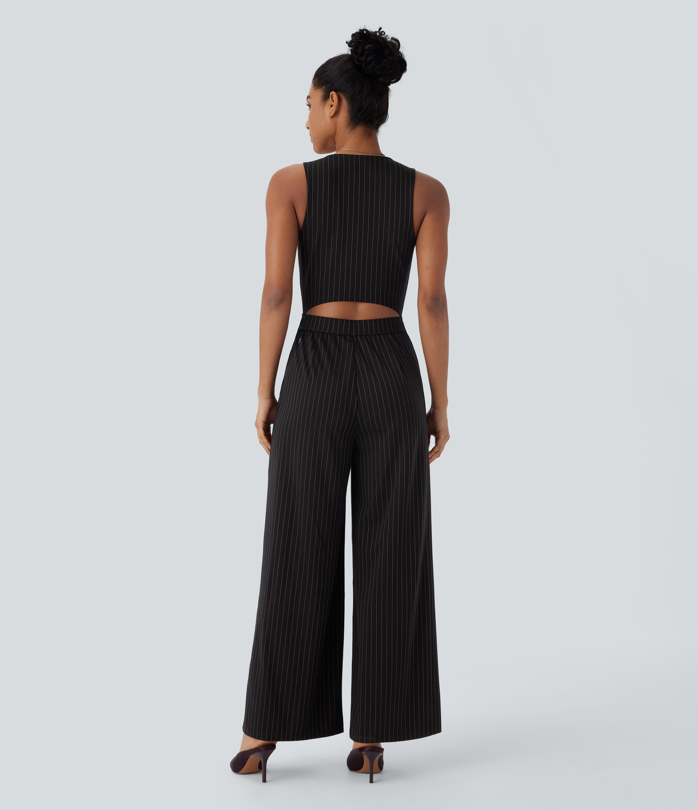Black Brown Black Pinstripe V Neck Sleeveless Cut Out Pockets Wide Leg Stripe InstantCool Work Jumpsuit / 2