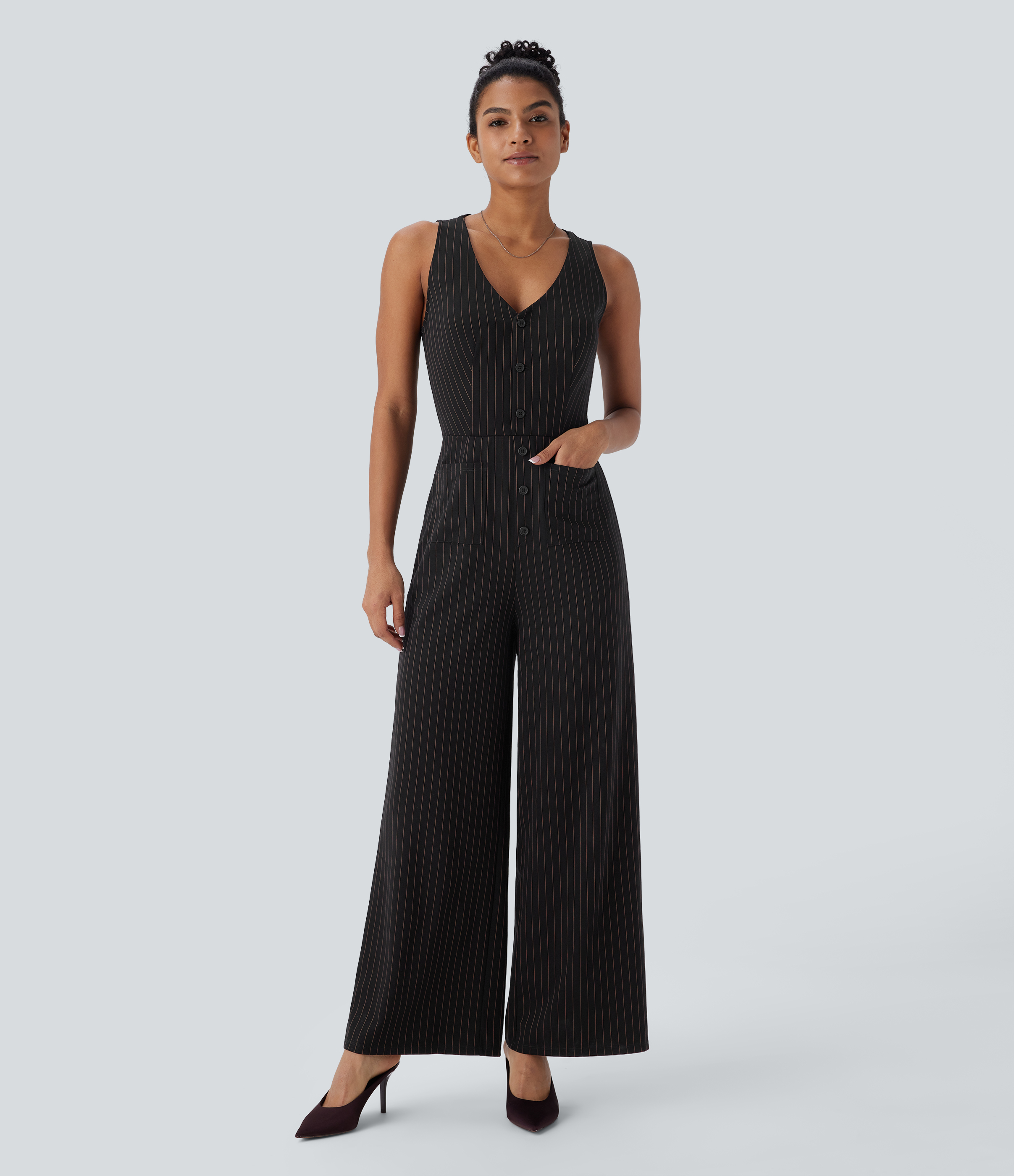 V Neck Sleeveless Cut Out Pockets Wide Leg Stripe  Work Jumpsuit
