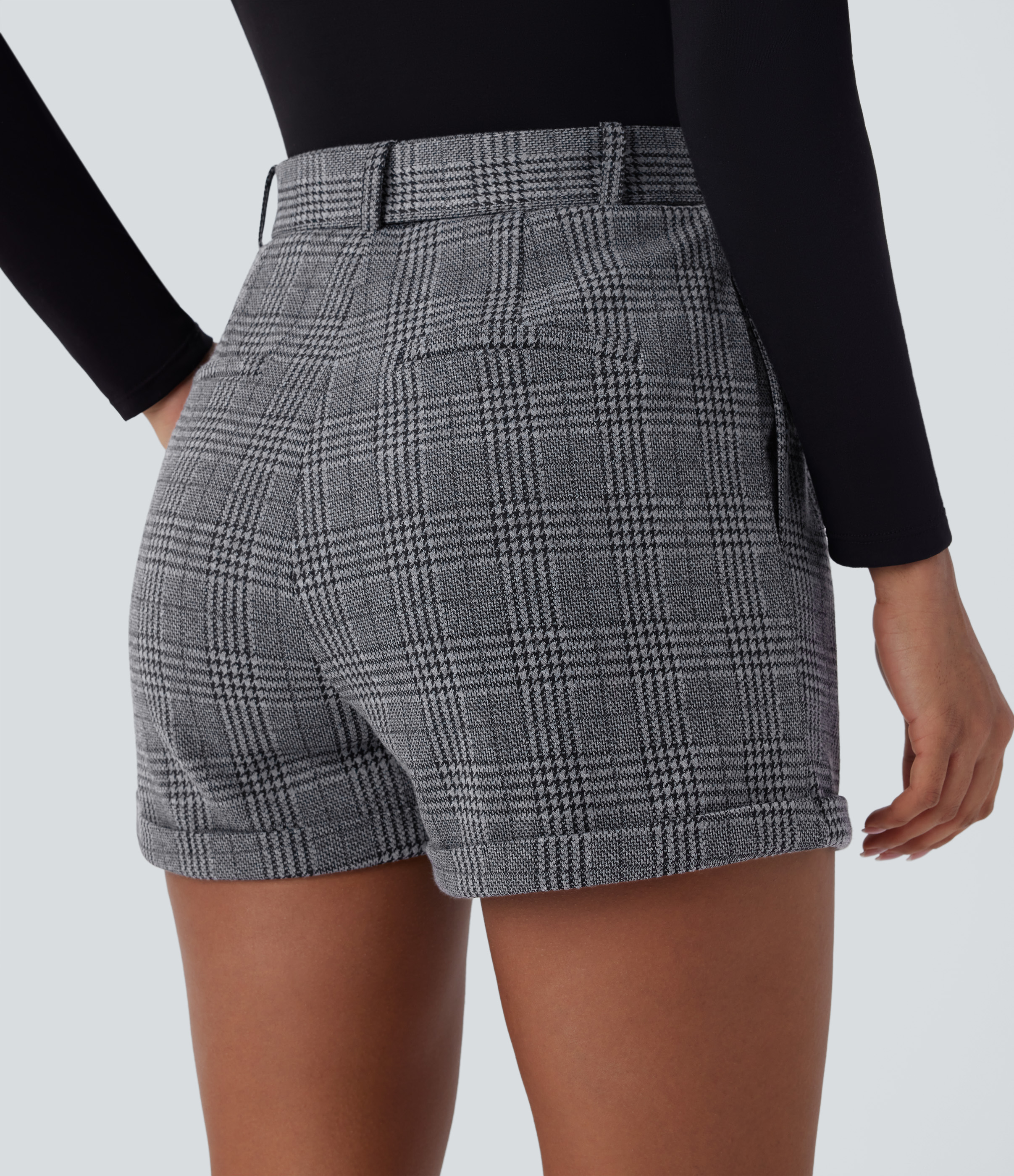 Halara High Waisted Belted Side Pocket Rolled Hem Houndstooth Plaid Work Shorts  - Dark Gray Plaid - S booty shorts compression shorts 