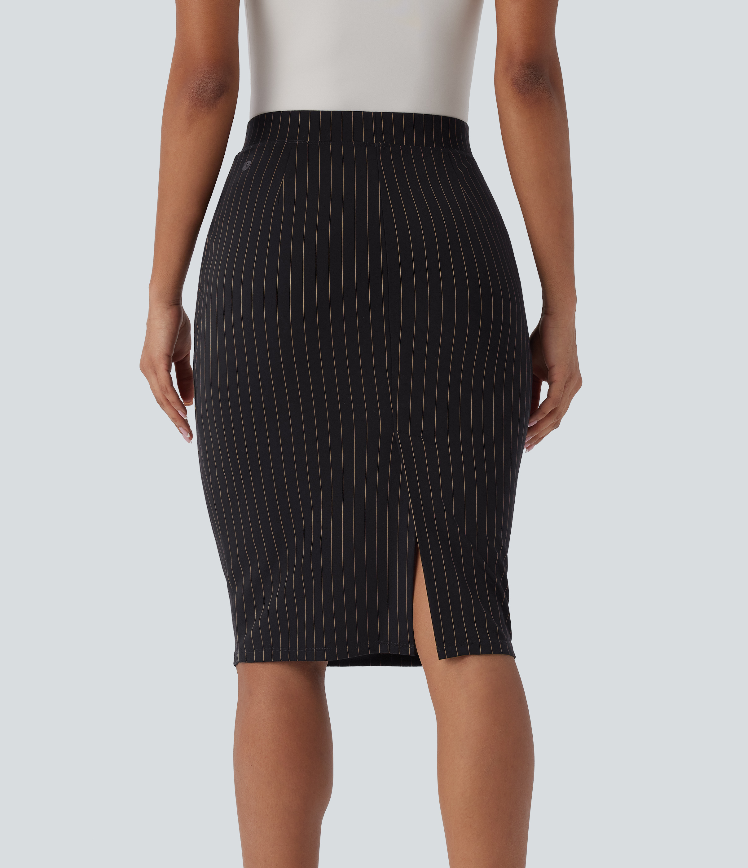 Halara High Waisted Side Pocket Split Hem Cool Touch Stripe Bodycon Work Skirt  - Black Brown Black Pinstripe - XL(regular) 