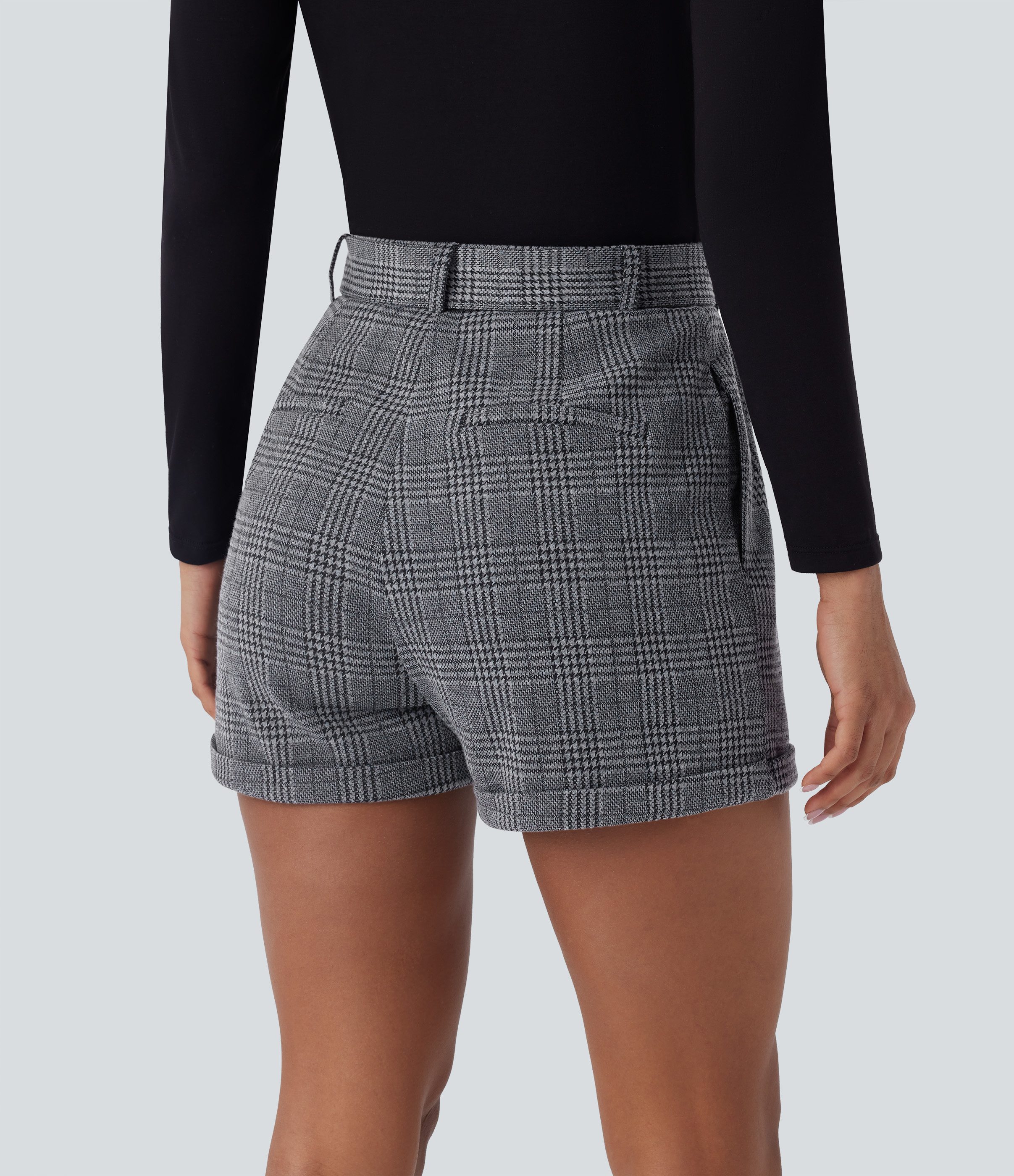 Halara High Waisted Belted Side Pocket Rolled Hem Houndstooth Plaid Work Shorts  - Dark Gray Plaid - S booty shorts compression shorts 