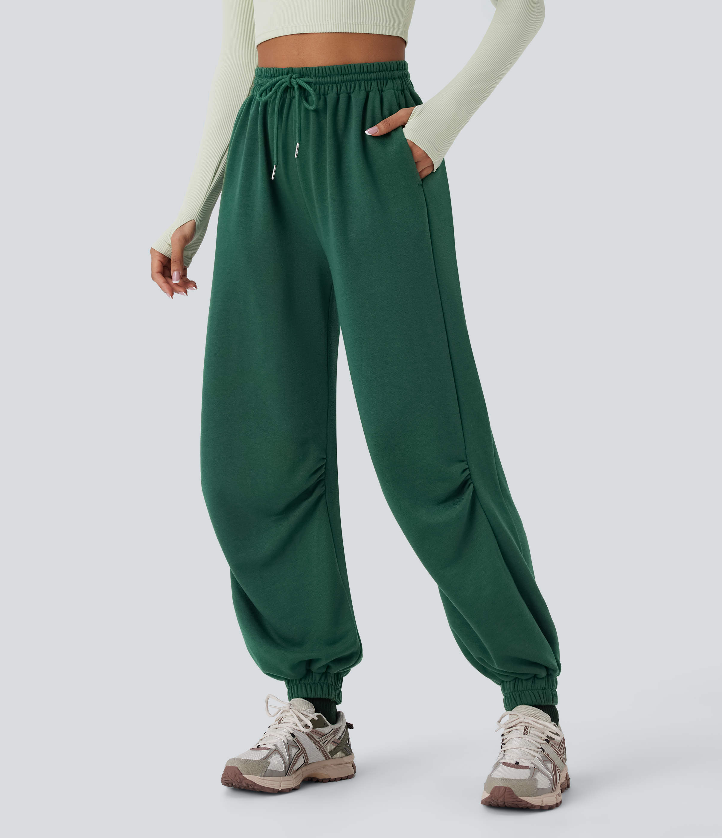 Halara High Waisted Drawstring Side Pocket Running Joggers  - Posy Green - L(regular) 
