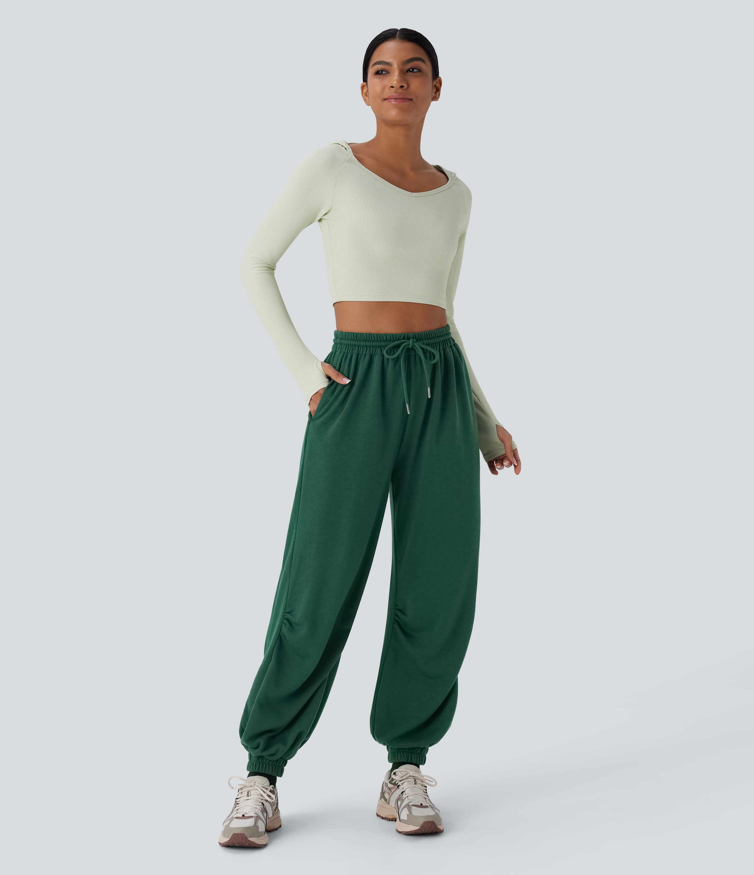 Halara High Waisted Drawstring Side Pocket Running Joggers  - Posy Green - L(regular) 