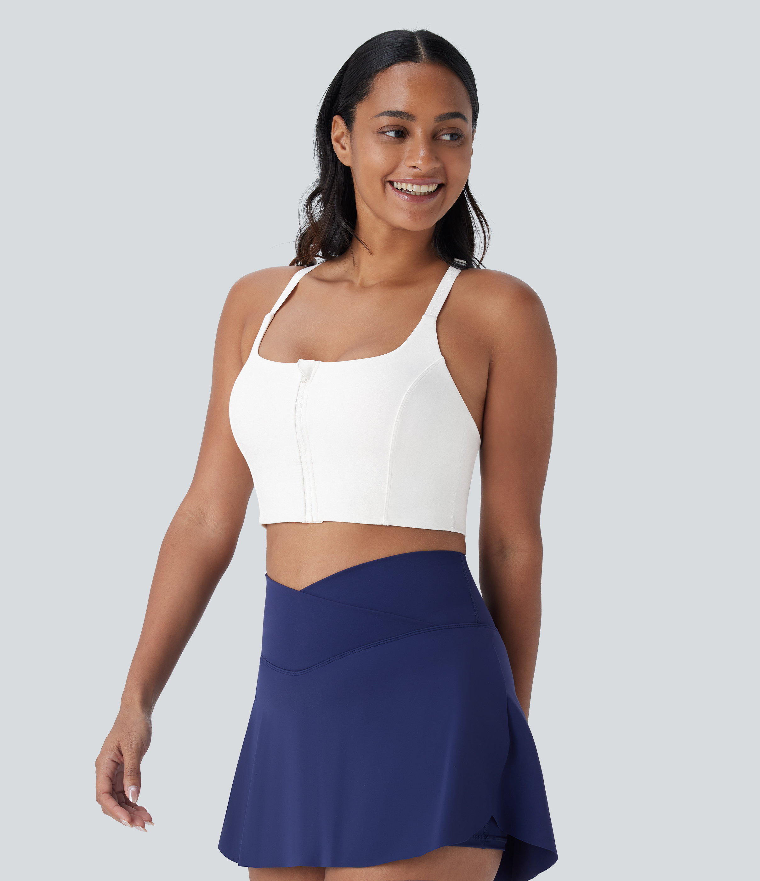 Halara Softlyzeroв„ў Low Support Backless Crisscross Adjustable Strap Zipper Yoga Sports Bra-UPF50+  - White - L push up bra strapless bra 