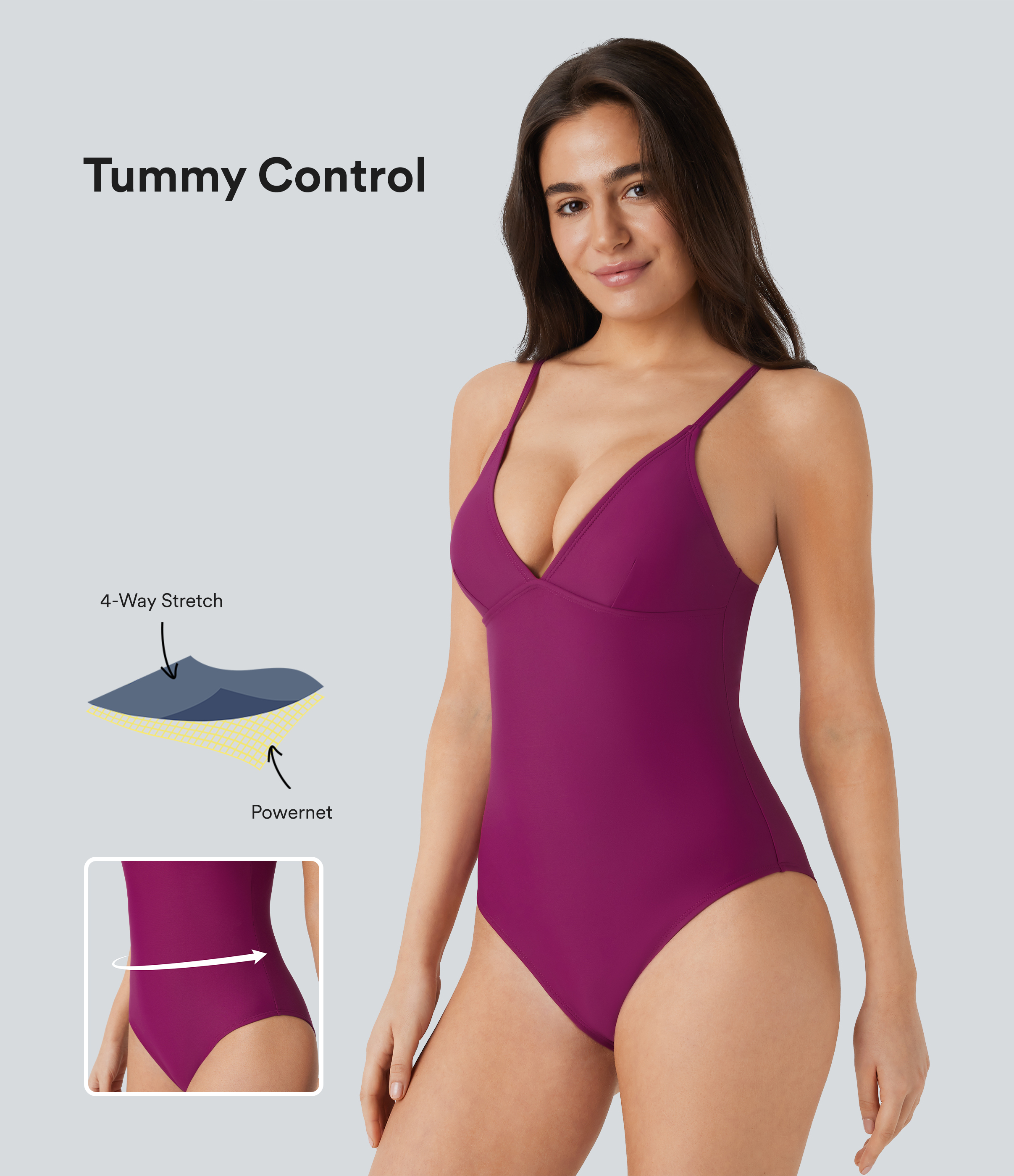 Traje baño una pieza cuello V profundo sin espalda tirante ajustable control abdomen