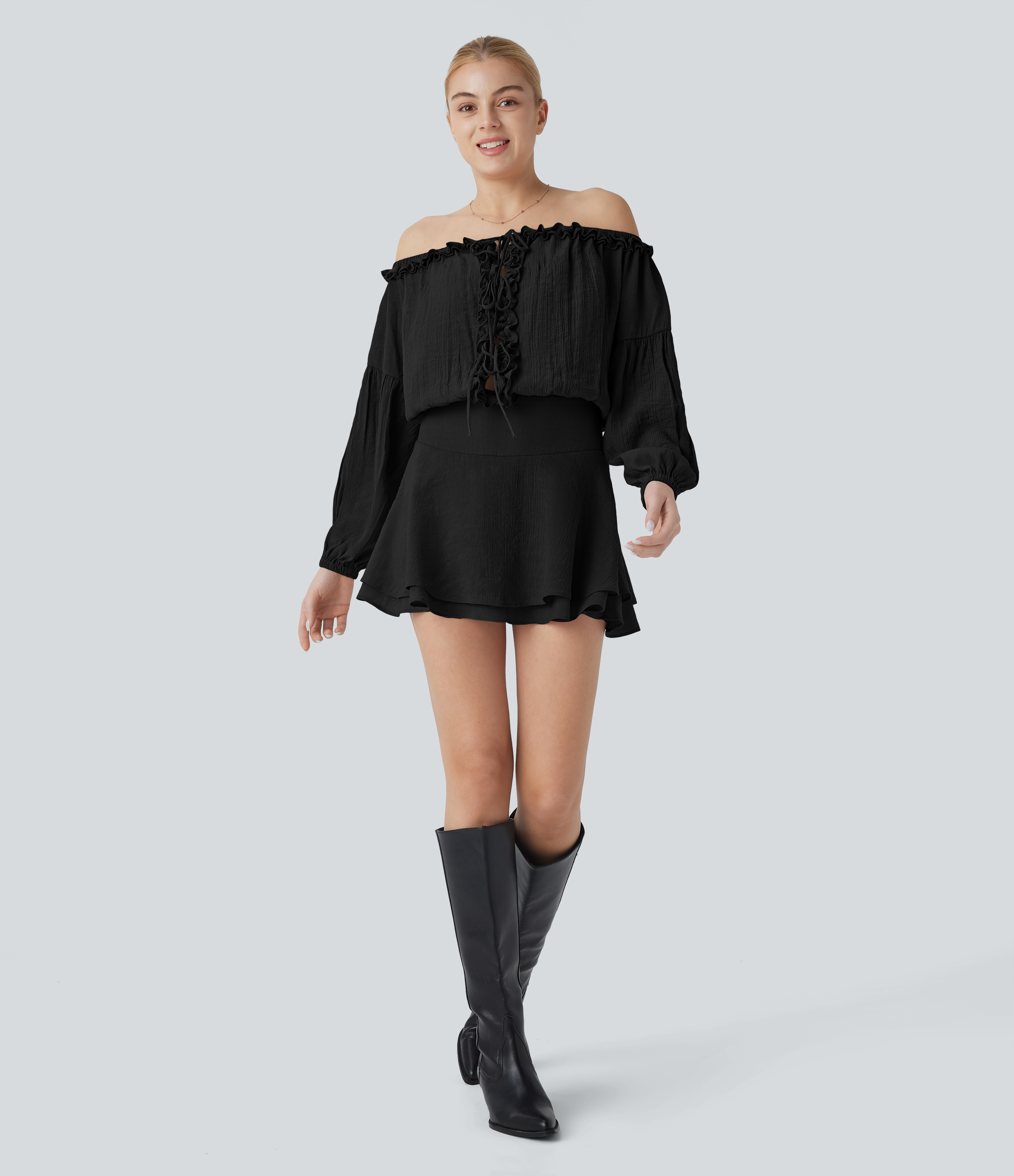 Halara Frill Off Shoulder Long Sleeve Lace Up Invisible Zipper Tiered Mini Resort Dress Casual Dress - Black - XL slip dress beach dress 