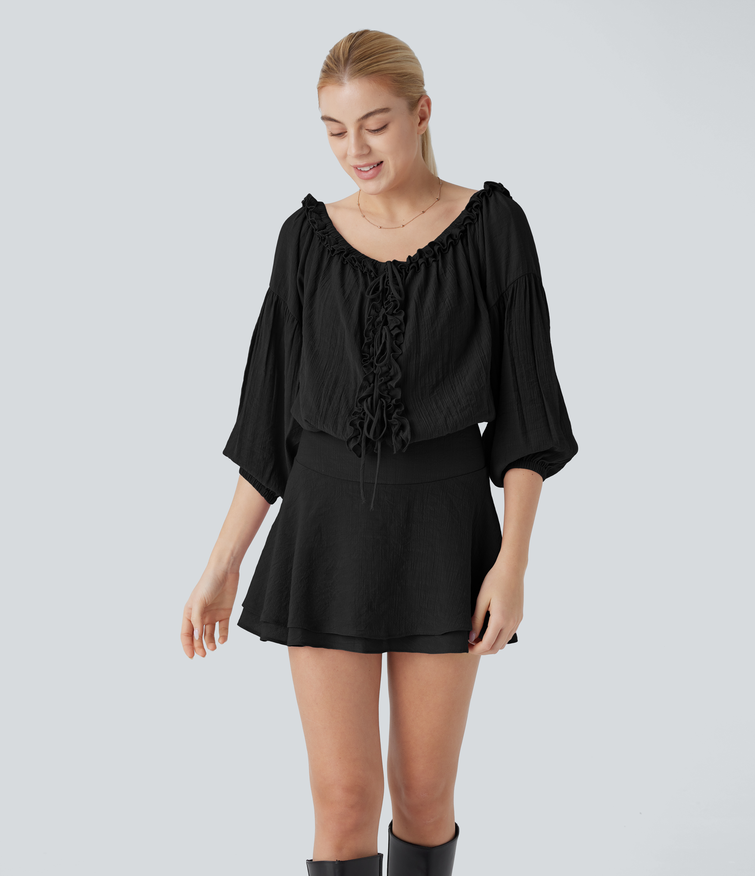 Halara Frill Off Shoulder Long Sleeve Lace Up Invisible Zipper Tiered Mini Resort Dress Casual Dress - Black - XL slip dress beach dress 