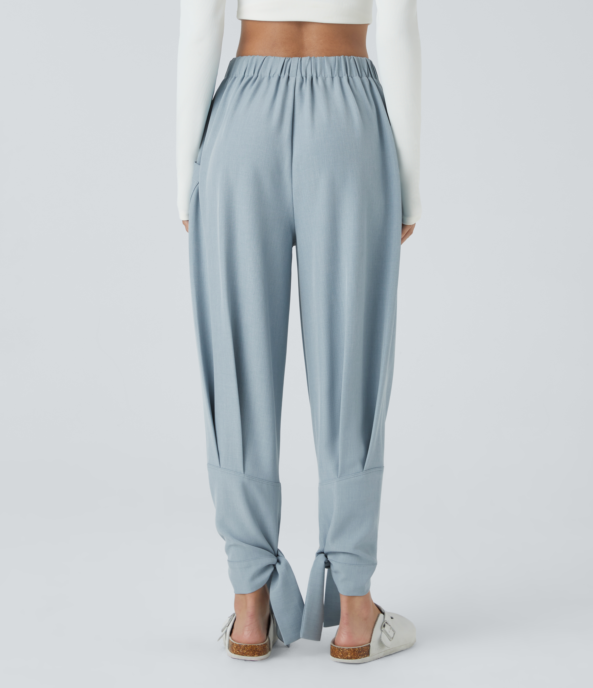 Halara Mid Rise Side Pocket Plicated Knot Casual Pants  - Celestial Blue - XL(regular) sweatpants jogger pants stacked sweatpants 
