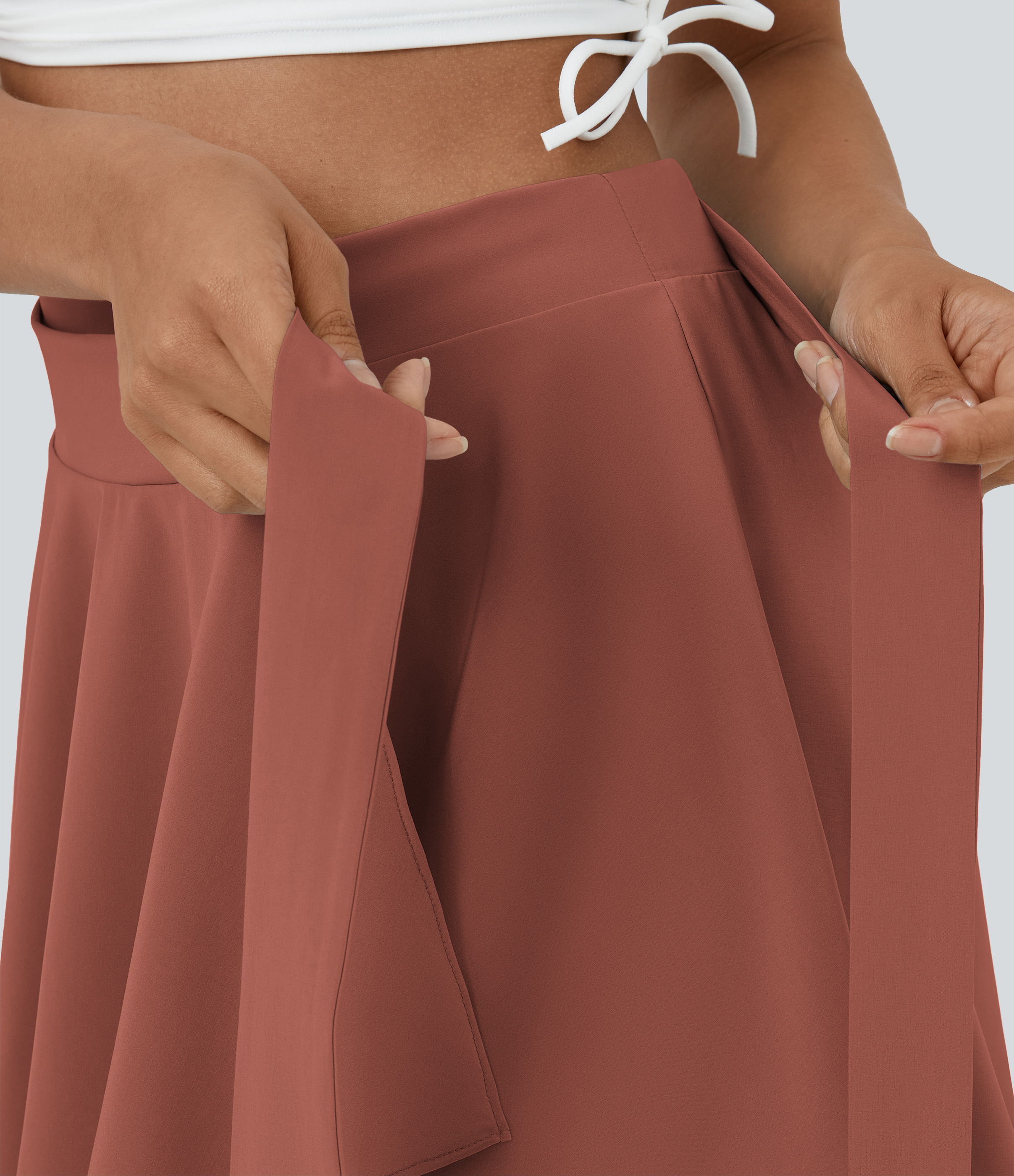 Halara Breezefulв„ў High Waisted Tie Side 2-in-1 Side Pocket Flowy Micro Mini Flare Quick Dry Casual Skirt  - Sequoia - XS(regular) 