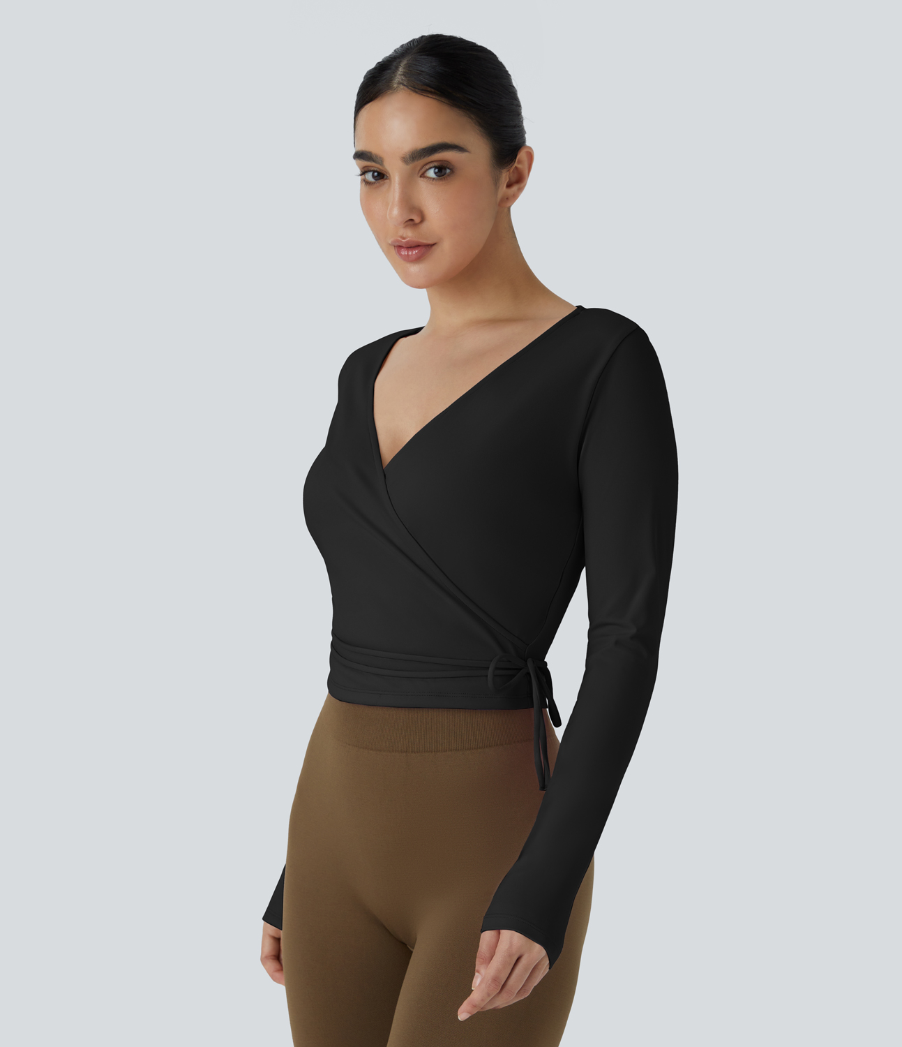 Halara Softlyzeroв„ў Plush V Neck Tie Side Long Sleeve Yoga Sports Top  - Black - L 