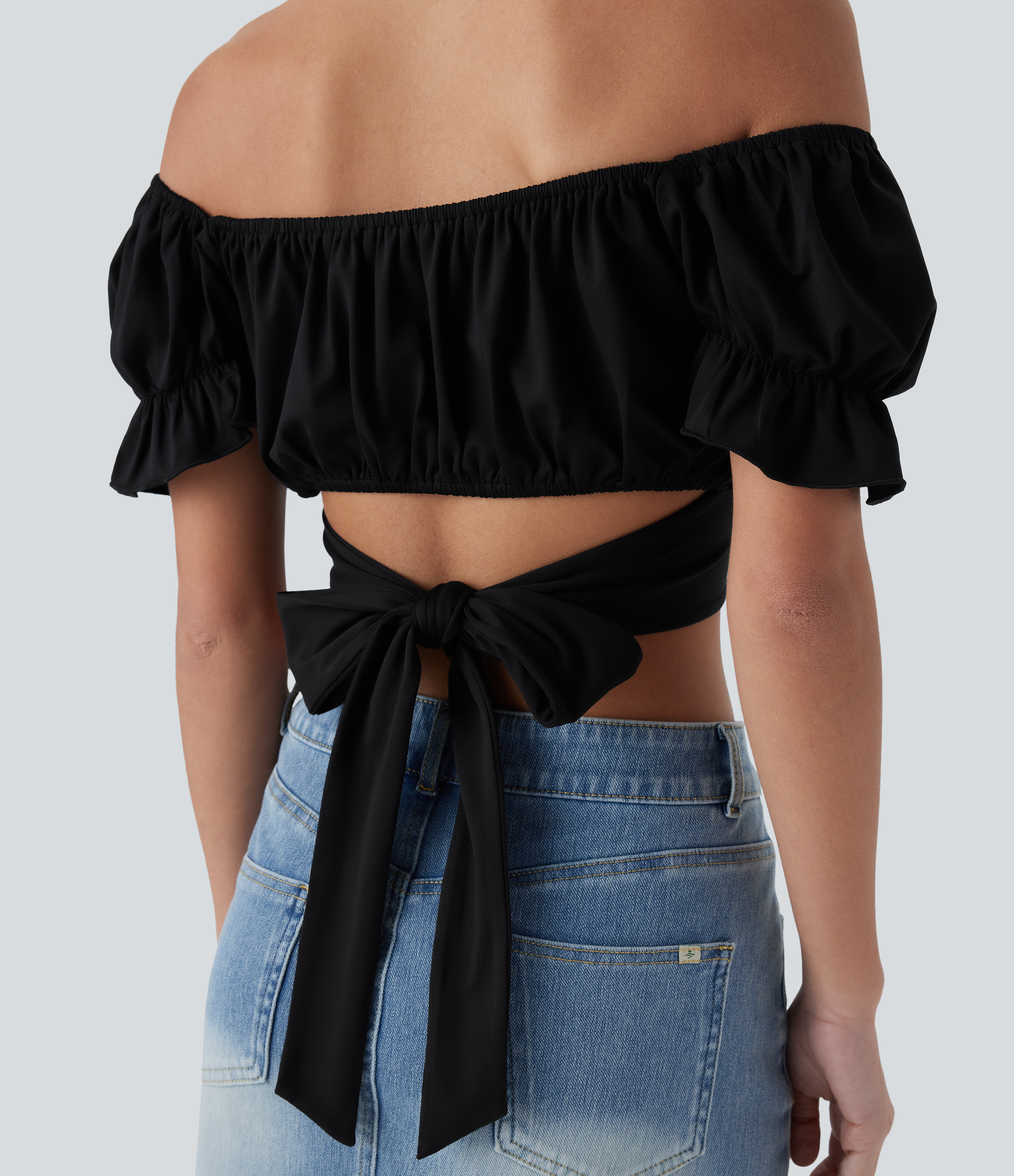 Halara Puff Sleeve Crossover Tie Back Cropped Casual Top Tank Top - Black - S golf tops halter top tunic tops sleeveless tops backless top 