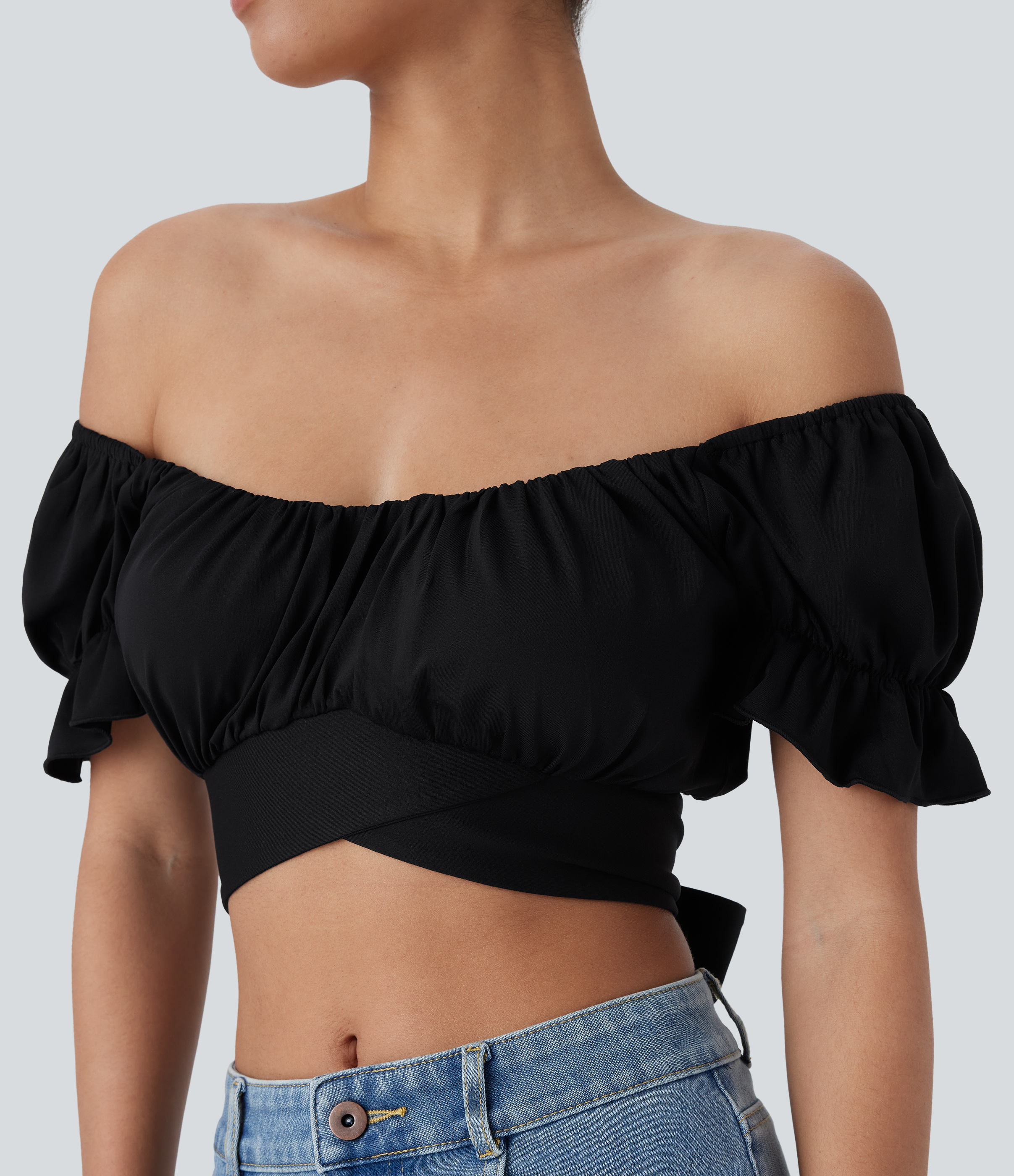 Halara Puff Sleeve Crossover Tie Back Cropped Casual Top Tank Top - Black - S golf tops halter top tunic tops sleeveless tops backless top 