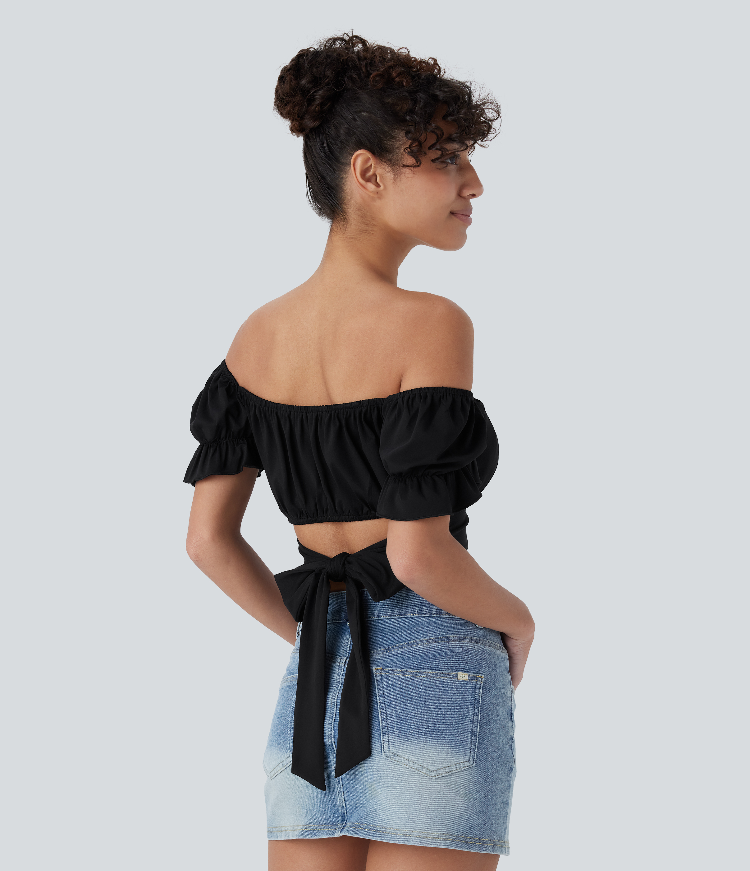 Halara Puff Sleeve Crossover Tie Back Cropped Casual Top Tank Top - Black - S golf tops halter top tunic tops sleeveless tops backless top 