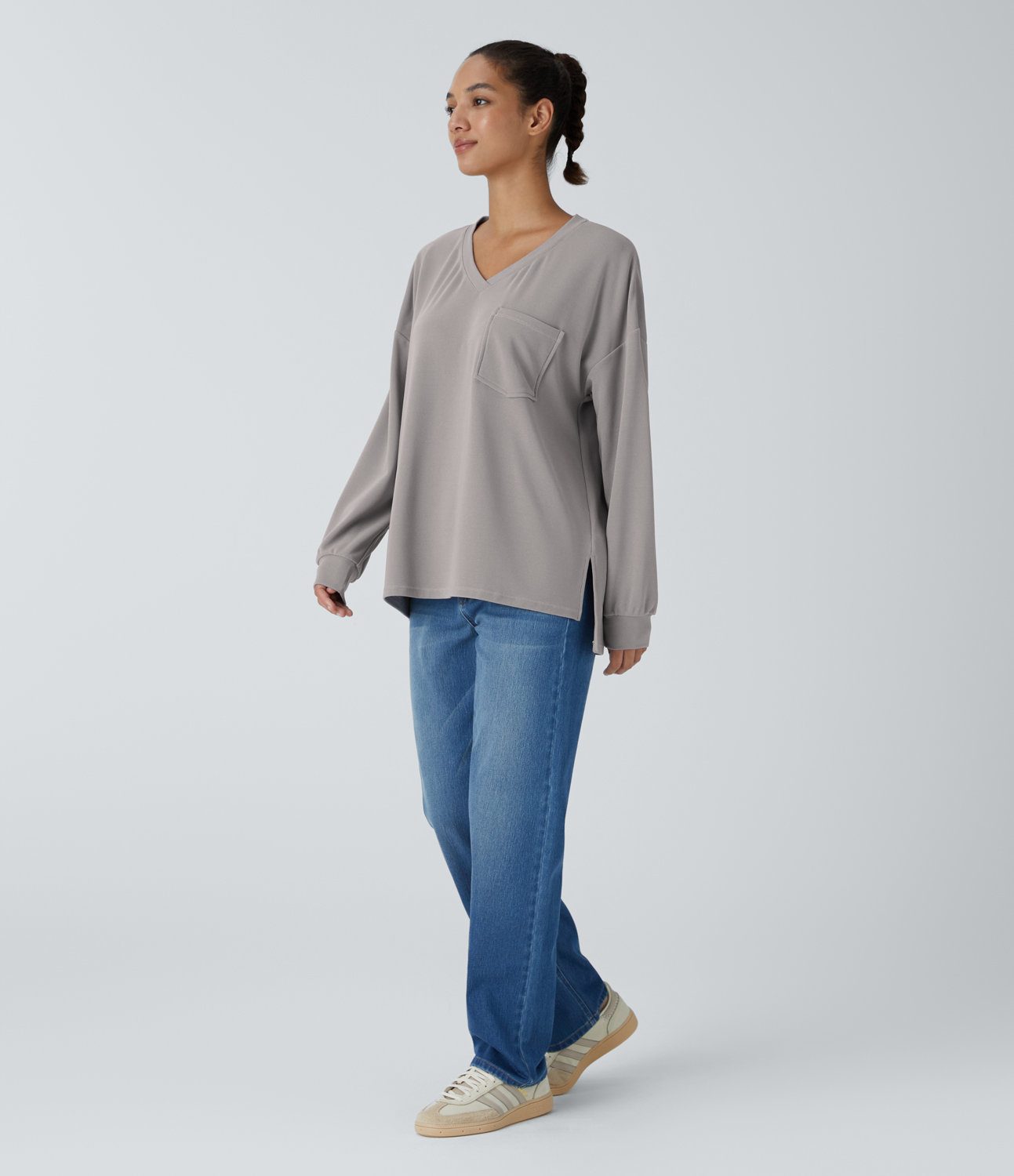 Halara V Neck Chest Pocket Long Sleeve Split Waffle Casual Top Tank Top - Satellite - XL golf tops halter top tunic tops sleeveless tops 