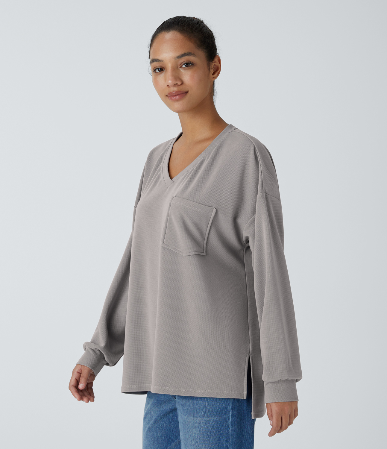 Halara V Neck Chest Pocket Long Sleeve Split Waffle Casual Top Tank Top - Satellite - XL golf tops halter top tunic tops sleeveless tops 