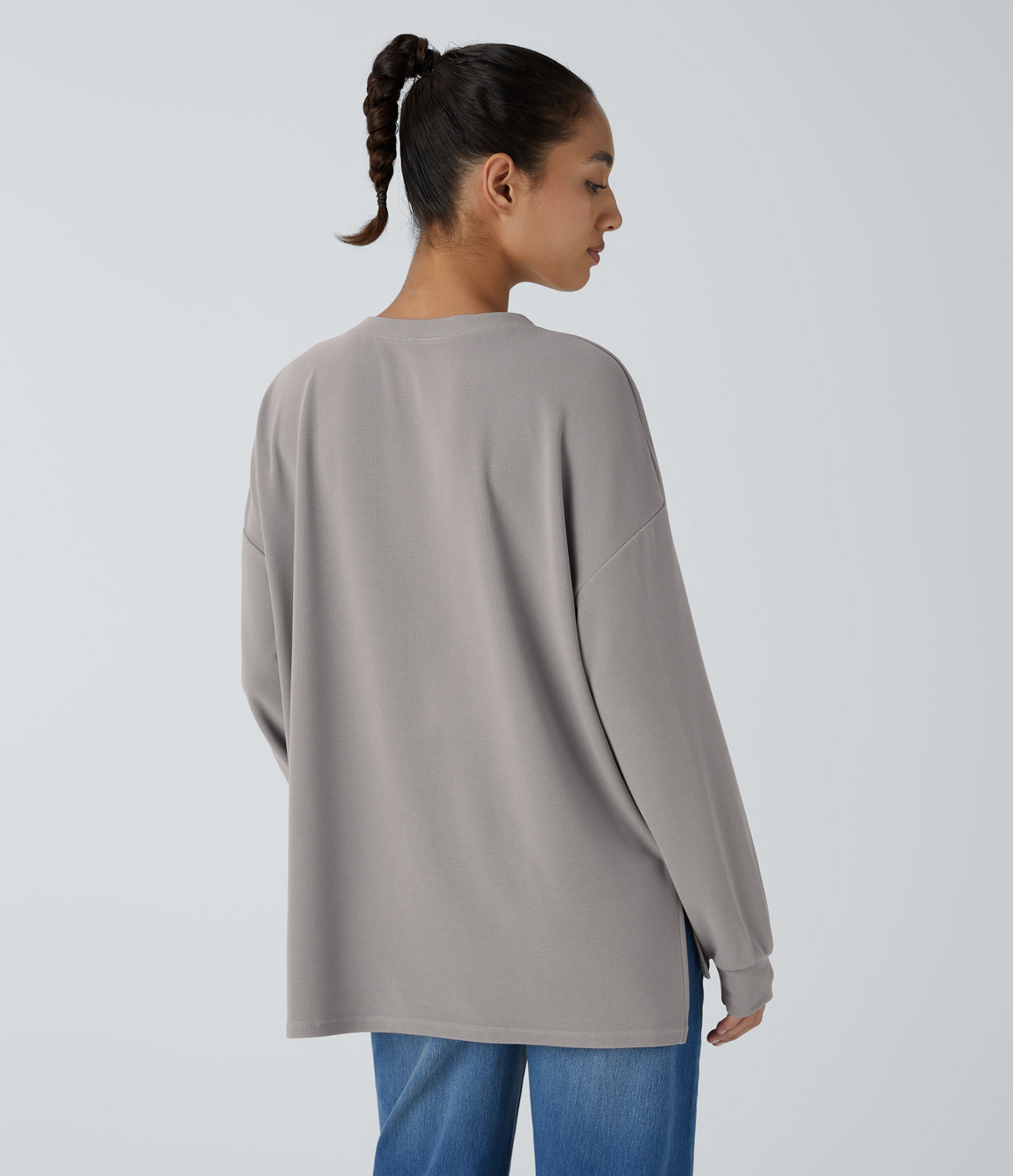 Halara V Neck Chest Pocket Long Sleeve Split Waffle Casual Top Tank Top - Satellite - XL golf tops halter top tunic tops sleeveless tops 