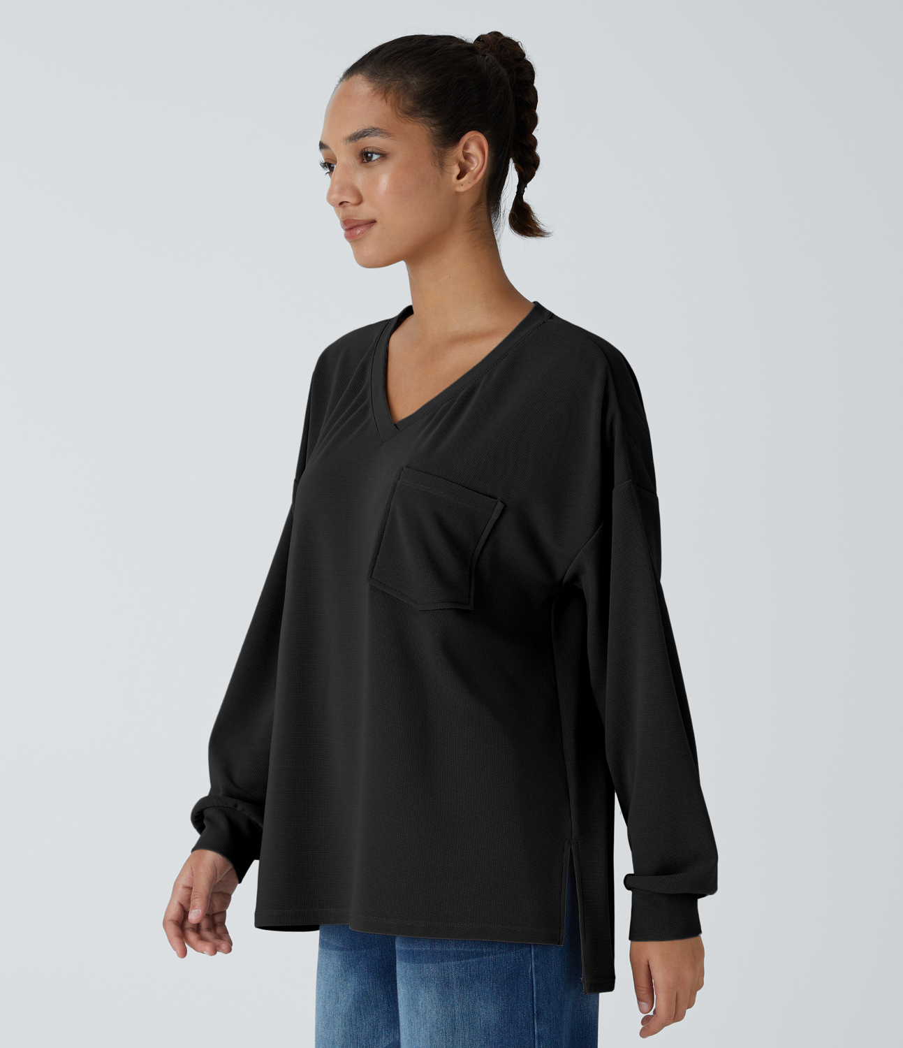 Halara V Neck Chest Pocket Long Sleeve Split Waffle Casual Top Tank Top - Black - S golf tops halter top tunic tops sleeveless tops 