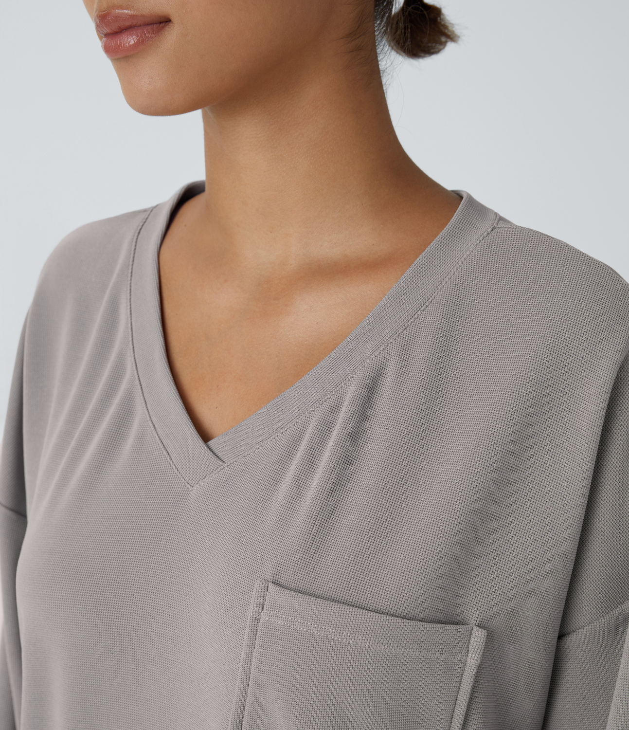 Halara V Neck Chest Pocket Long Sleeve Split Waffle Casual Top Tank Top - Satellite - XL golf tops halter top tunic tops sleeveless tops 