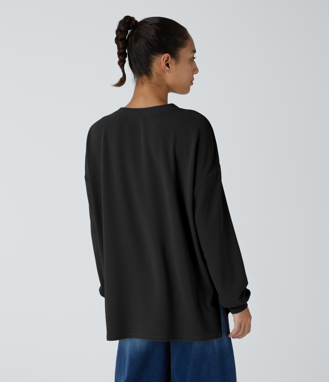 Halara V Neck Chest Pocket Long Sleeve Split Waffle Casual Top Tank Top - Black - S golf tops halter top tunic tops sleeveless tops 