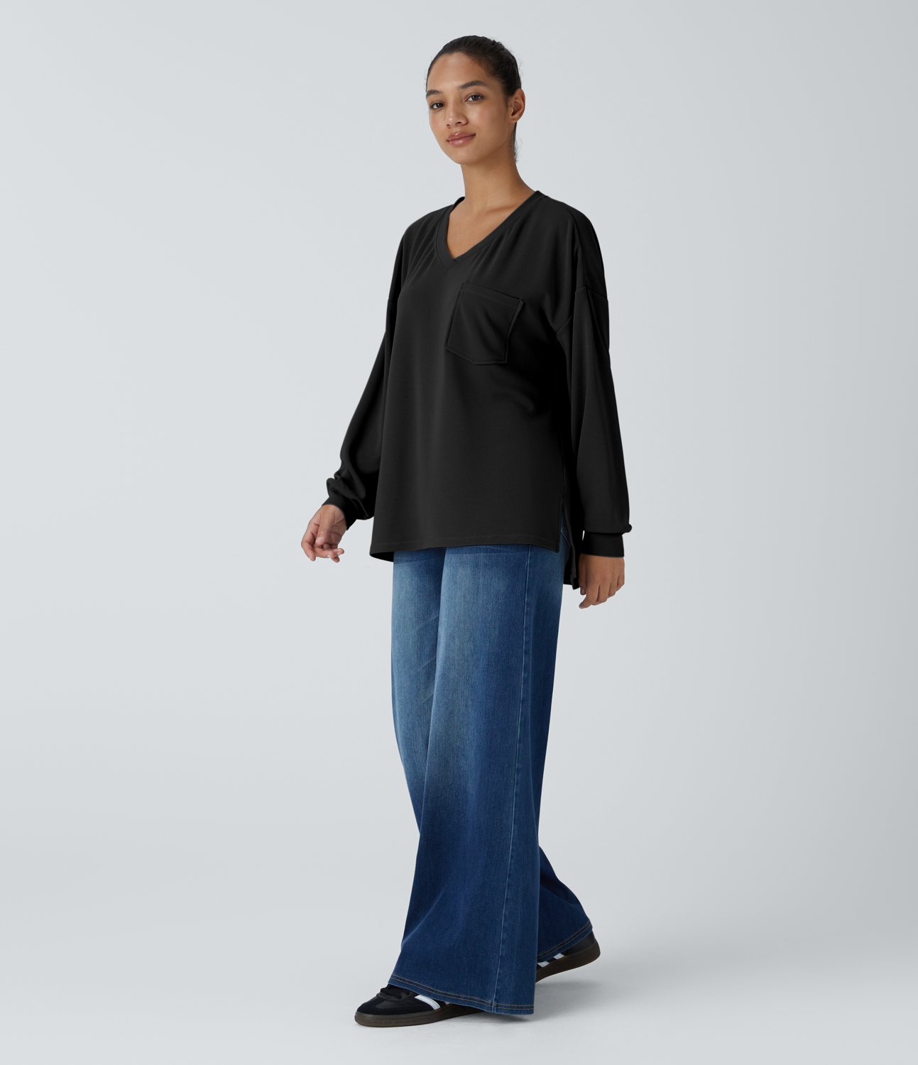 Halara V Neck Chest Pocket Long Sleeve Split Waffle Casual Top Tank Top - Black - S golf tops halter top tunic tops sleeveless tops 