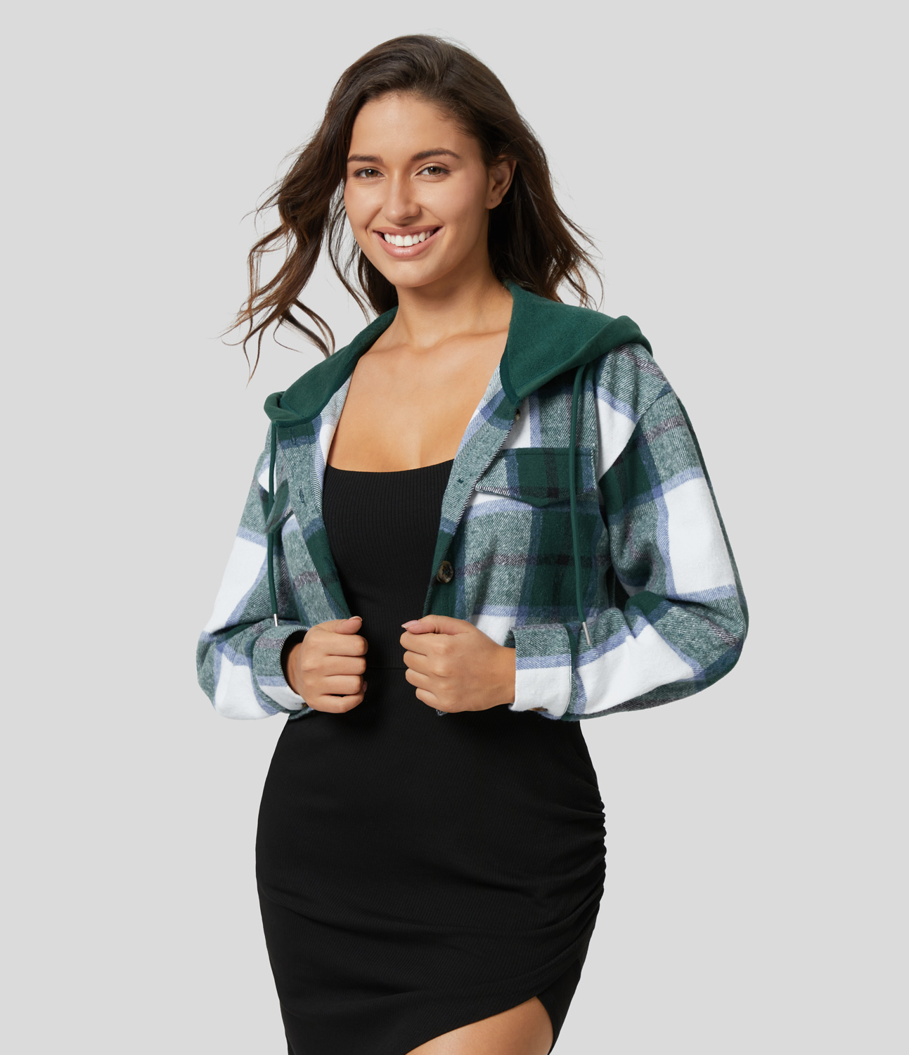 

Halara Hooded Drawstring Button Front Cropped Plaid Fleece Casual Jacket - Dark Green Square