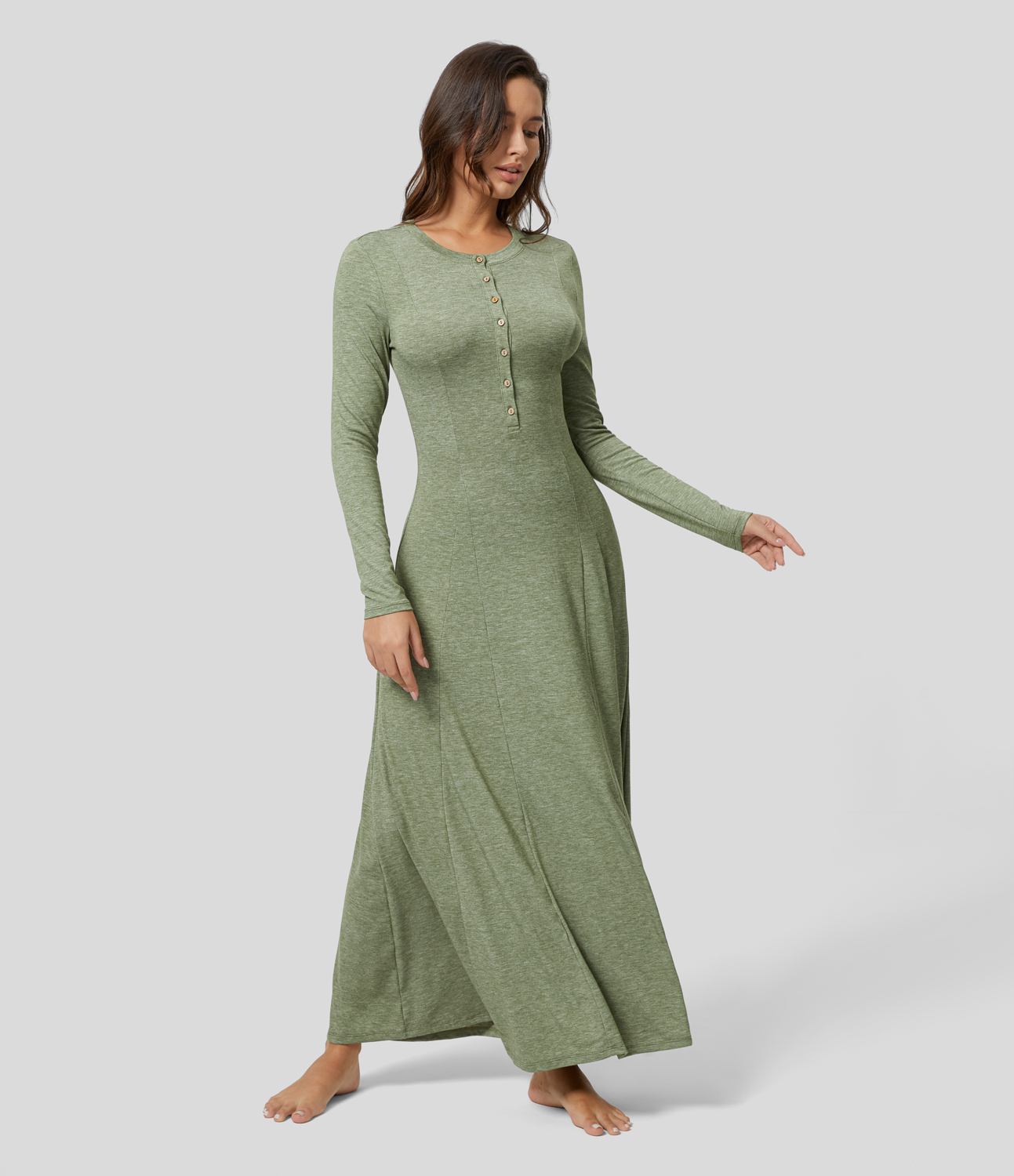 

Halara Round Neck Button Long Sleeve Flare Maxi Casual Dress Casual Dress - Light Green Floral Yarn -  slip dress beach dress ruched dress