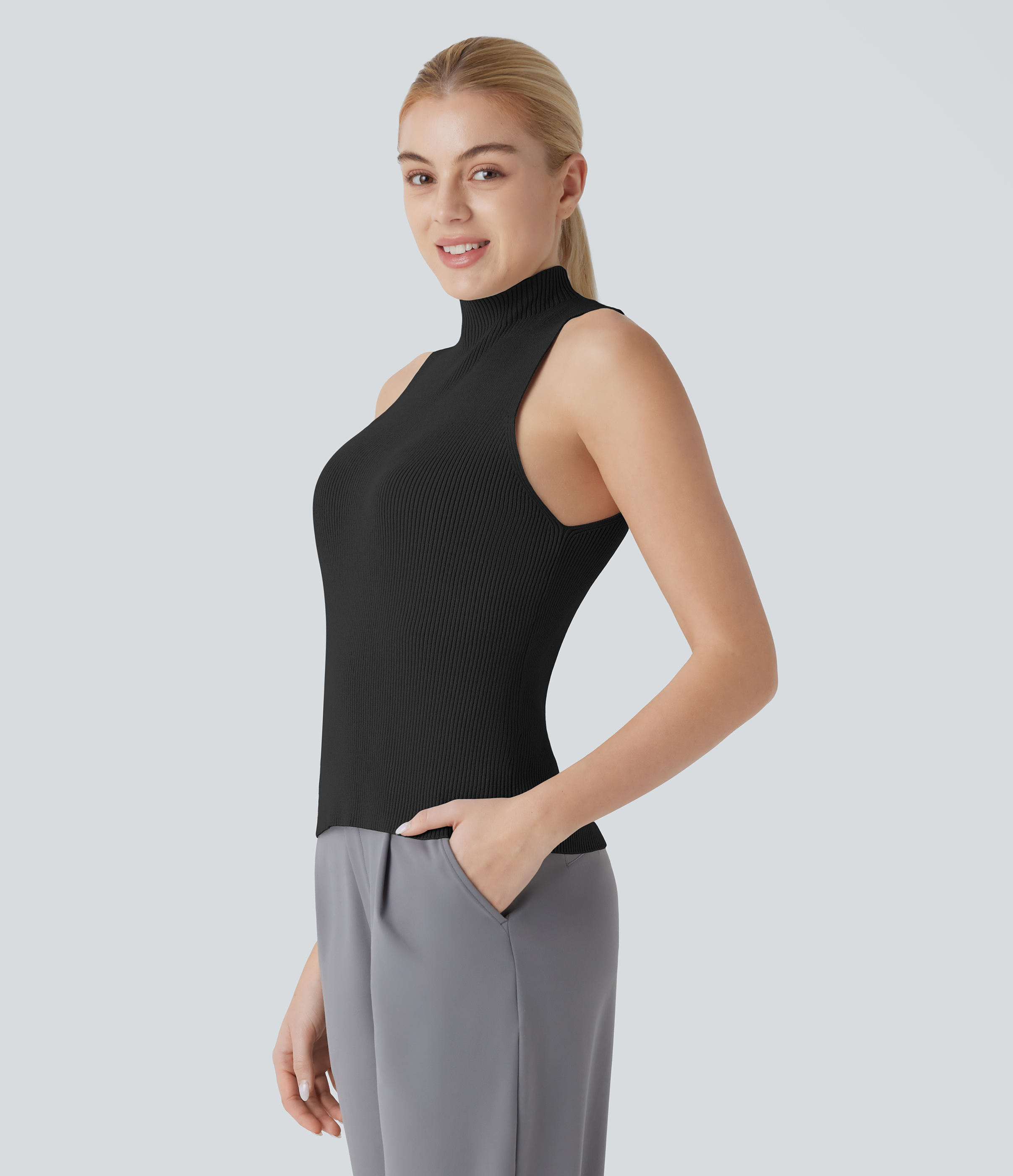Halara Mock Neck Sleeveless Work Sweater  - Black - XL 