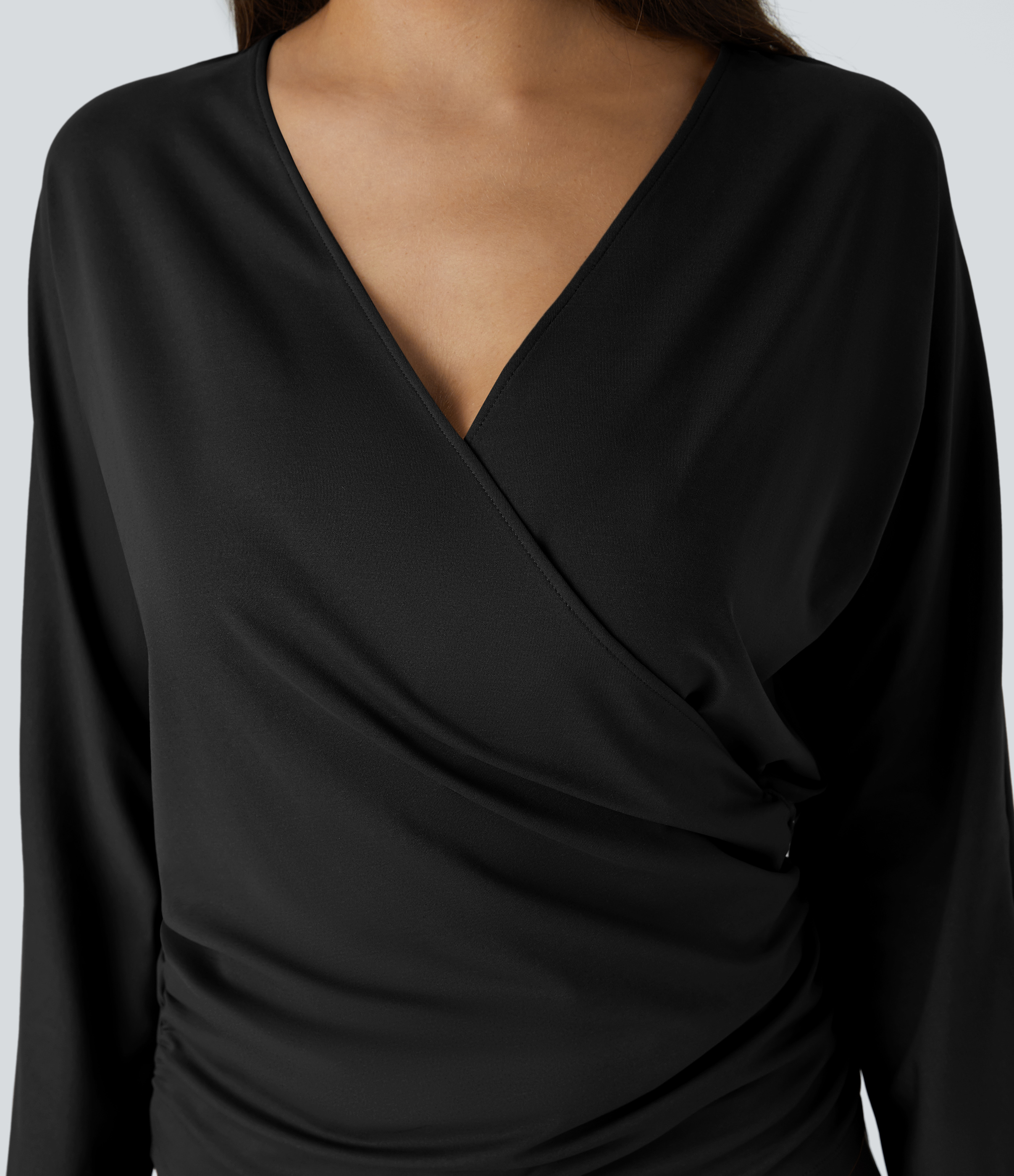 Halara V Neck Long Sleeve Crossover Ruched Solid Work Top Tank Top - Black - XL golf tops halter top tunic tops sleeveless tops backless top 