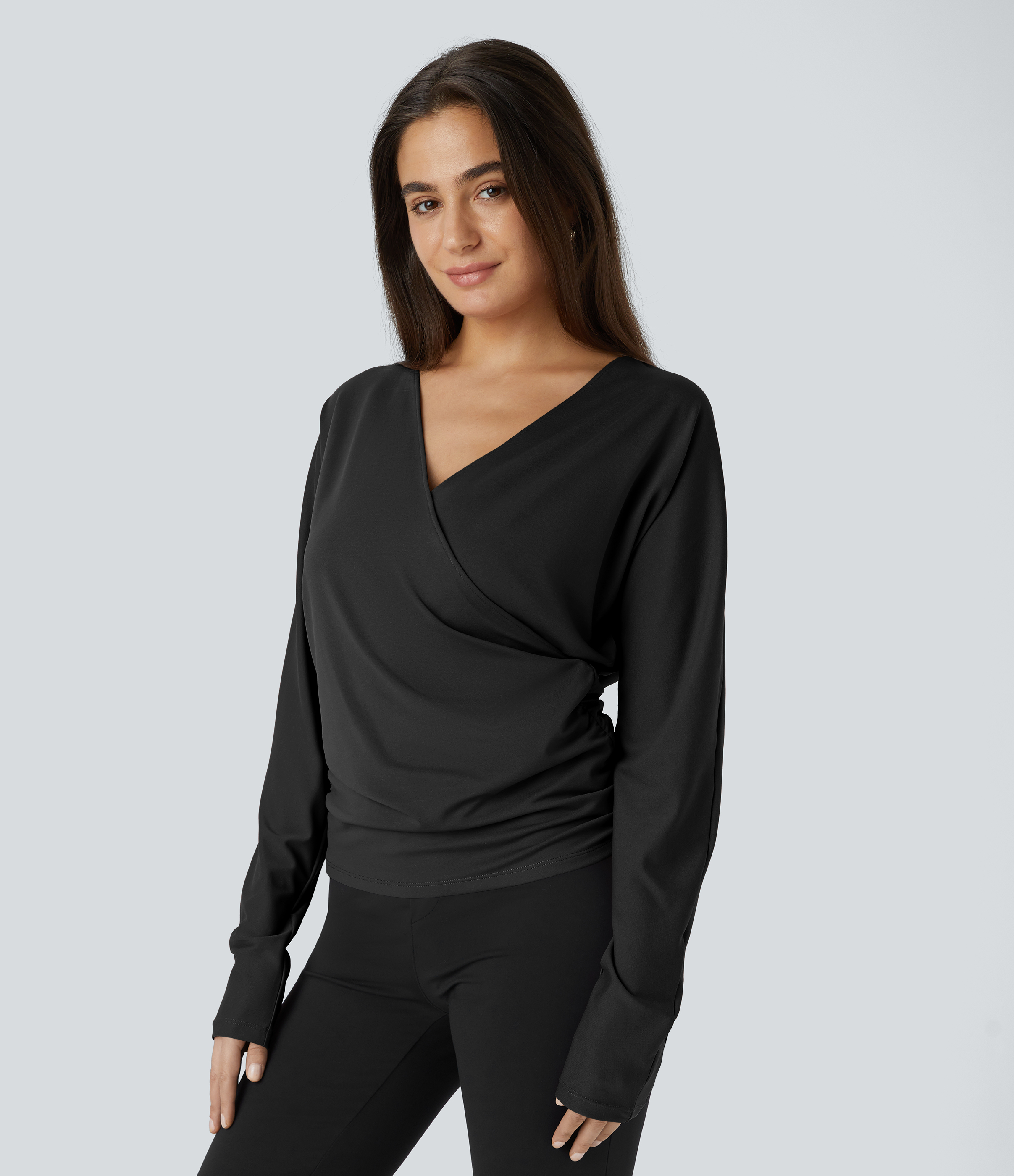 Halara V Neck Long Sleeve Crossover Ruched Solid Work Top Tank Top - Black - XL golf tops halter top tunic tops sleeveless tops backless top 