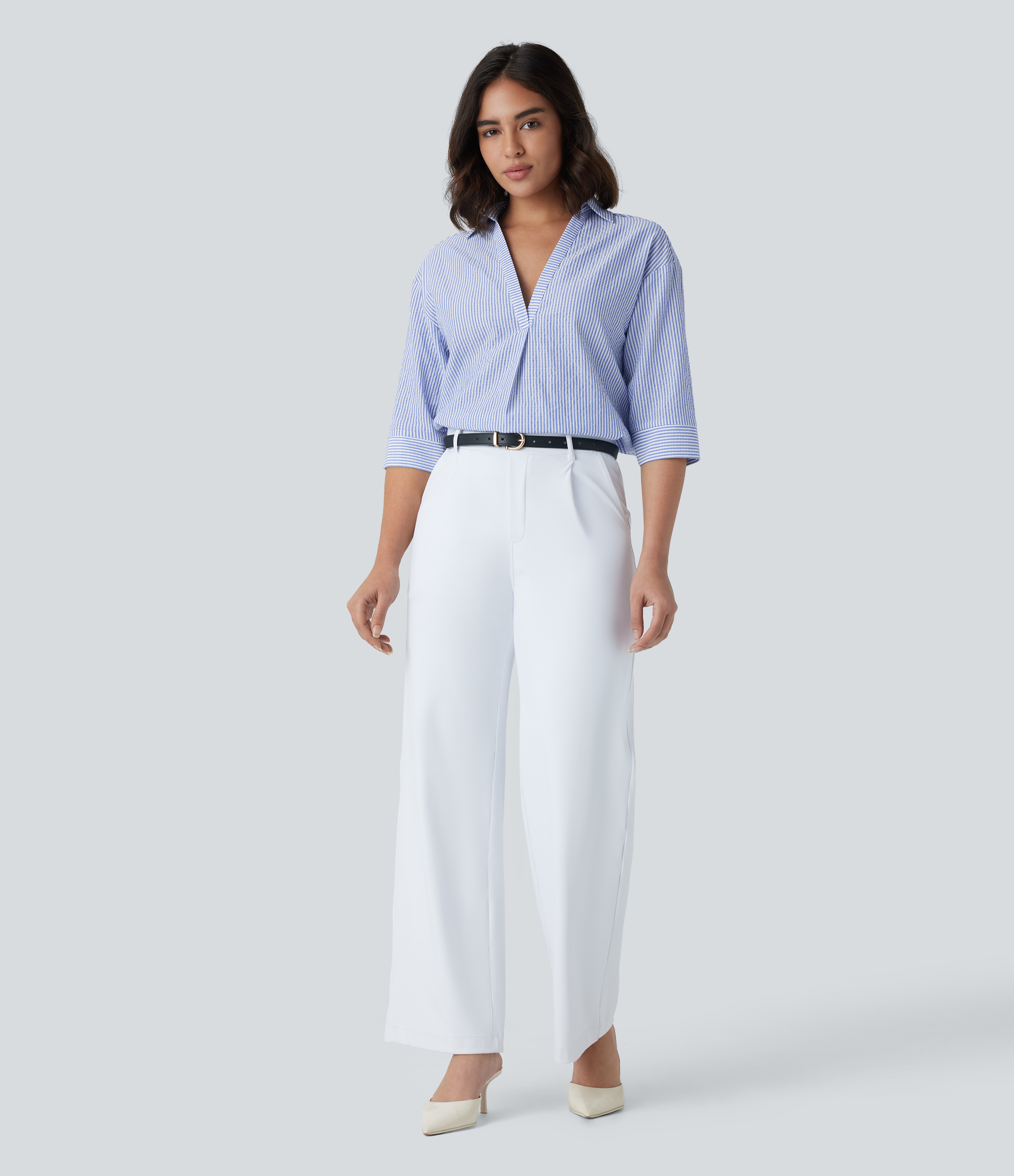 Halara Half Sleeve Curved Hem Stripe Work Blouse  - Sky Blue Striped Denim - S 