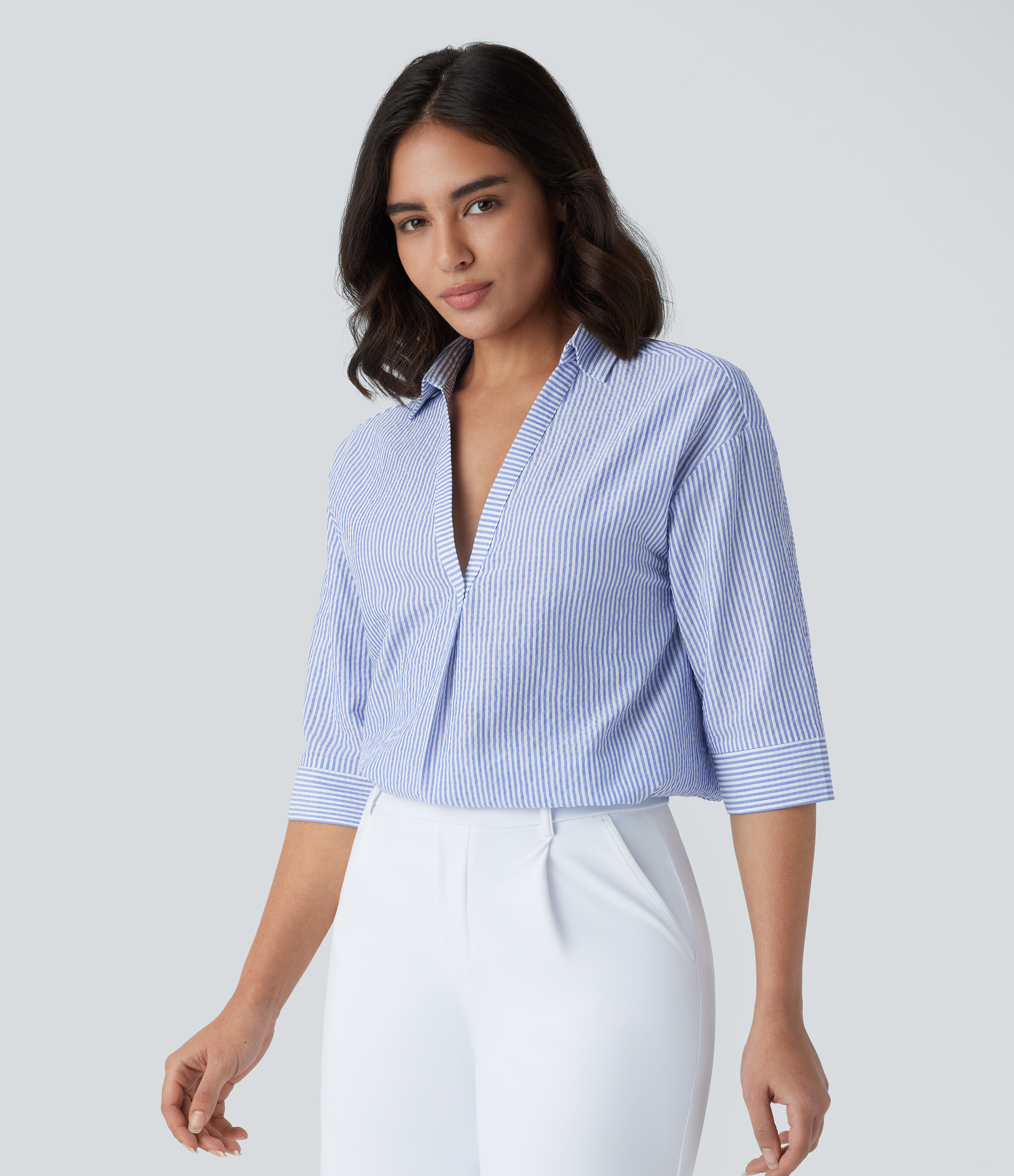 Halara Half Sleeve Curved Hem Stripe Work Blouse  - Sky Blue Striped Denim - S 