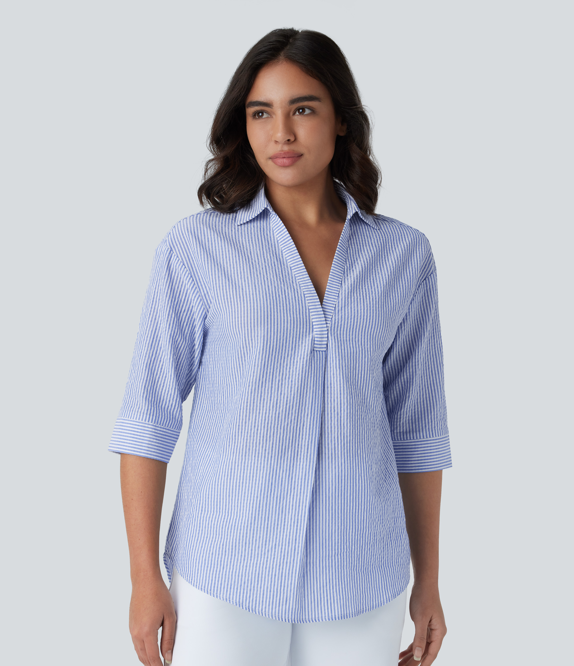 Halara Half Sleeve Curved Hem Stripe Work Blouse  - Sky Blue Striped Denim - S 