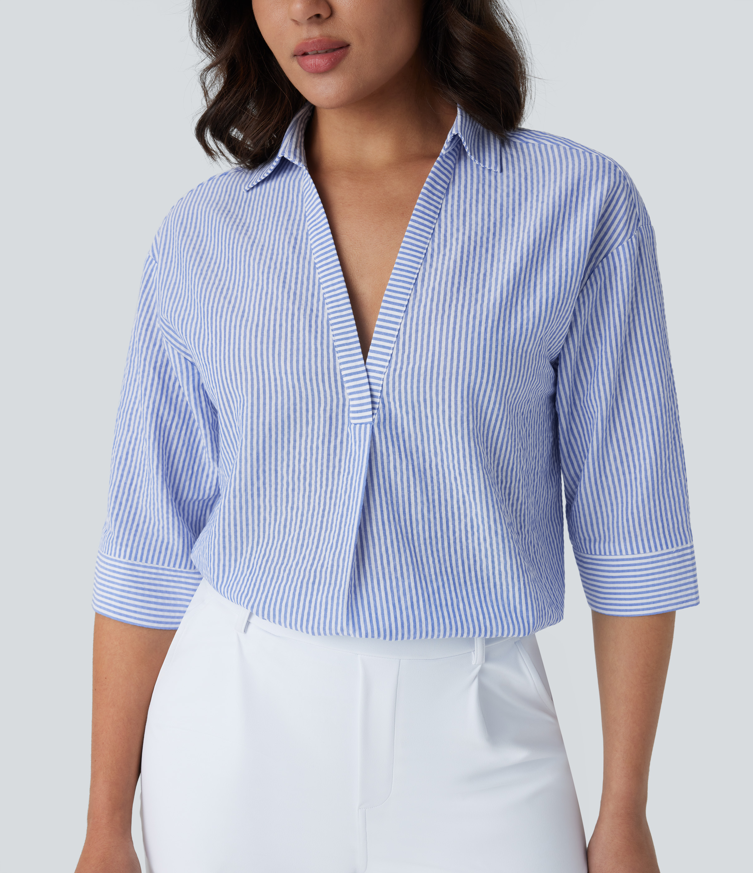 Halara Half Sleeve Curved Hem Stripe Work Blouse  - Sky Blue Striped Denim - S 