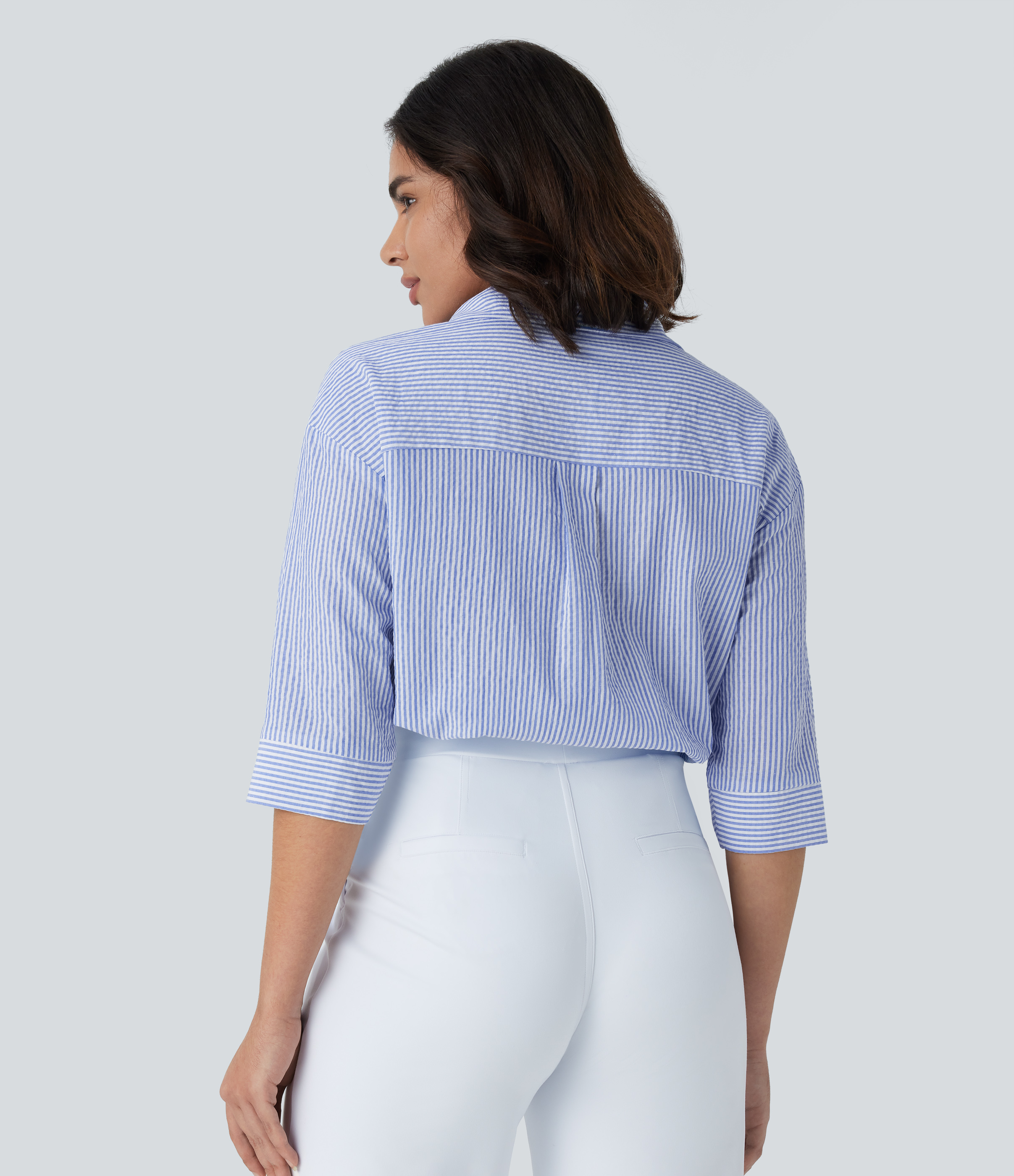Halara Half Sleeve Curved Hem Stripe Work Blouse  - Sky Blue Striped Denim - S 