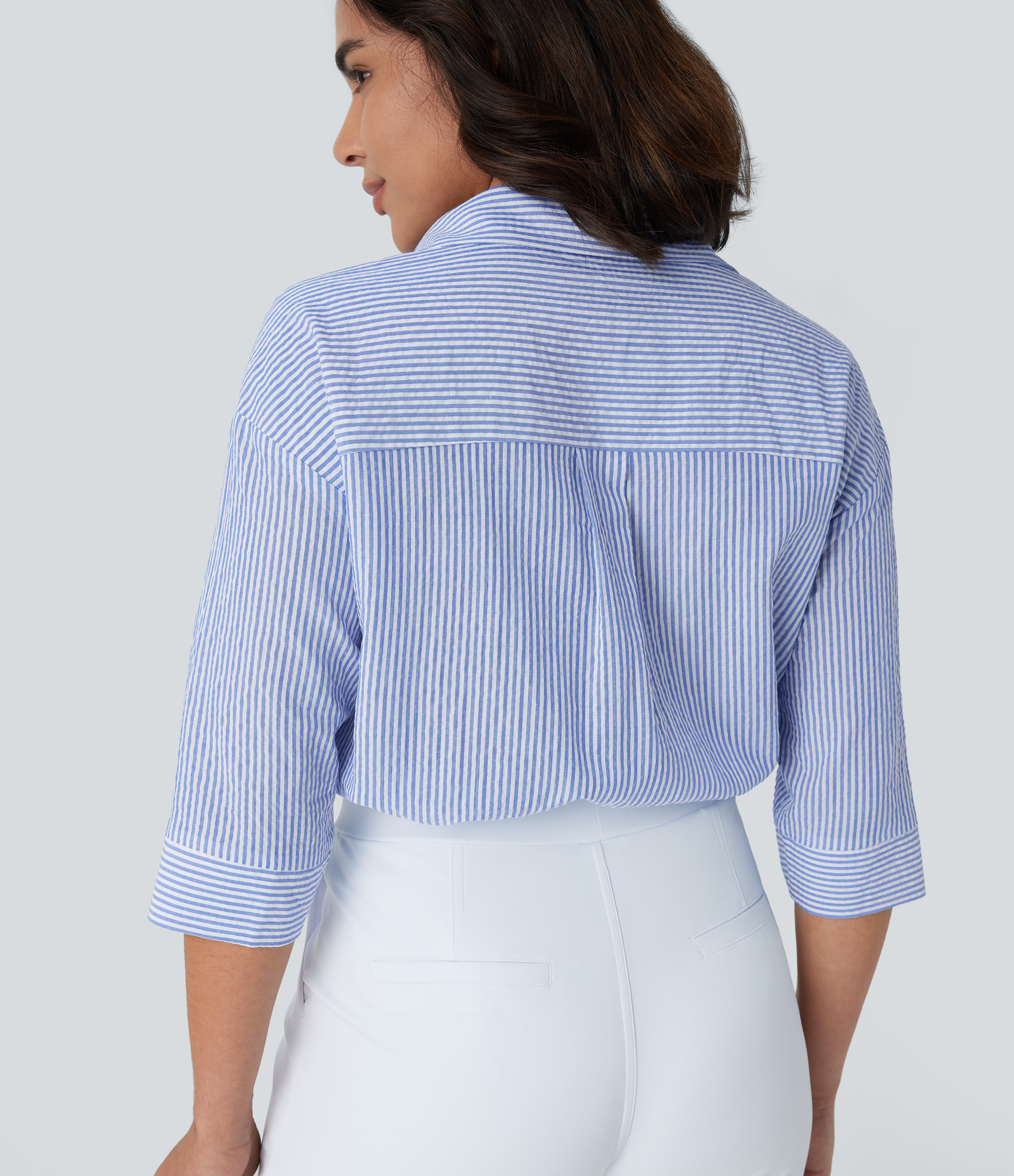 Halara Half Sleeve Curved Hem Stripe Work Blouse  - Sky Blue Striped Denim - S 
