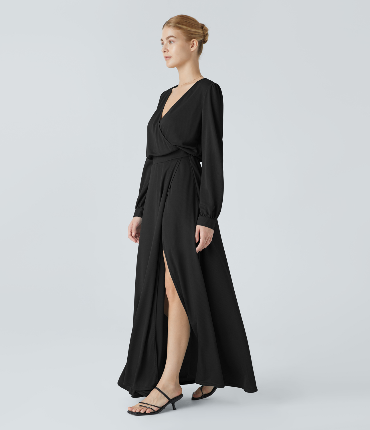 Halara V Neck Crossover Long Sleeve Side Pocket Split Waffle Maxi Resort Dress Casual Dress - Black - XL slip dress beach dress ruched dress 