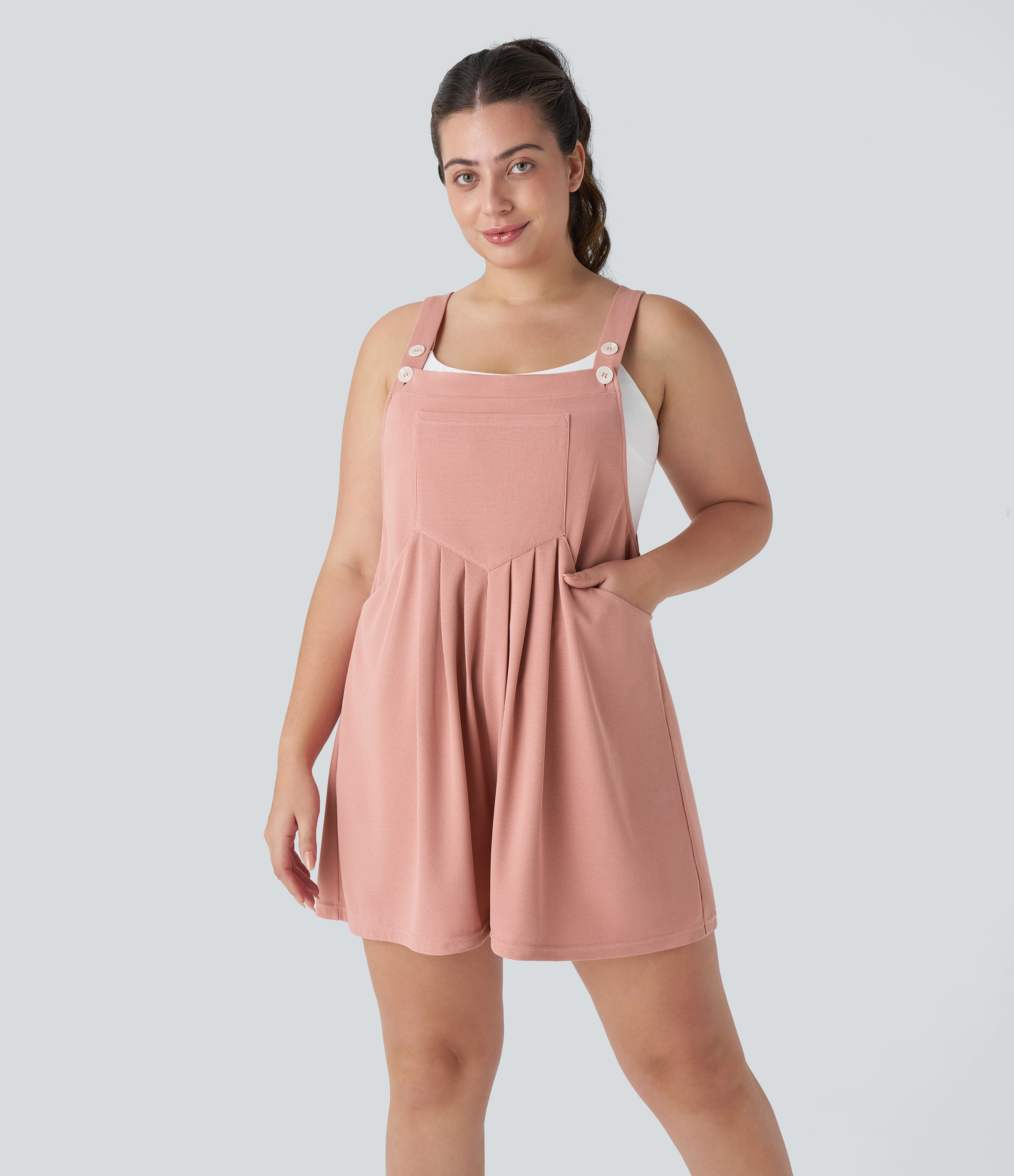 Adjustable Strap Button Multiple Pockets Waffle Casual Plus Size Dungarees