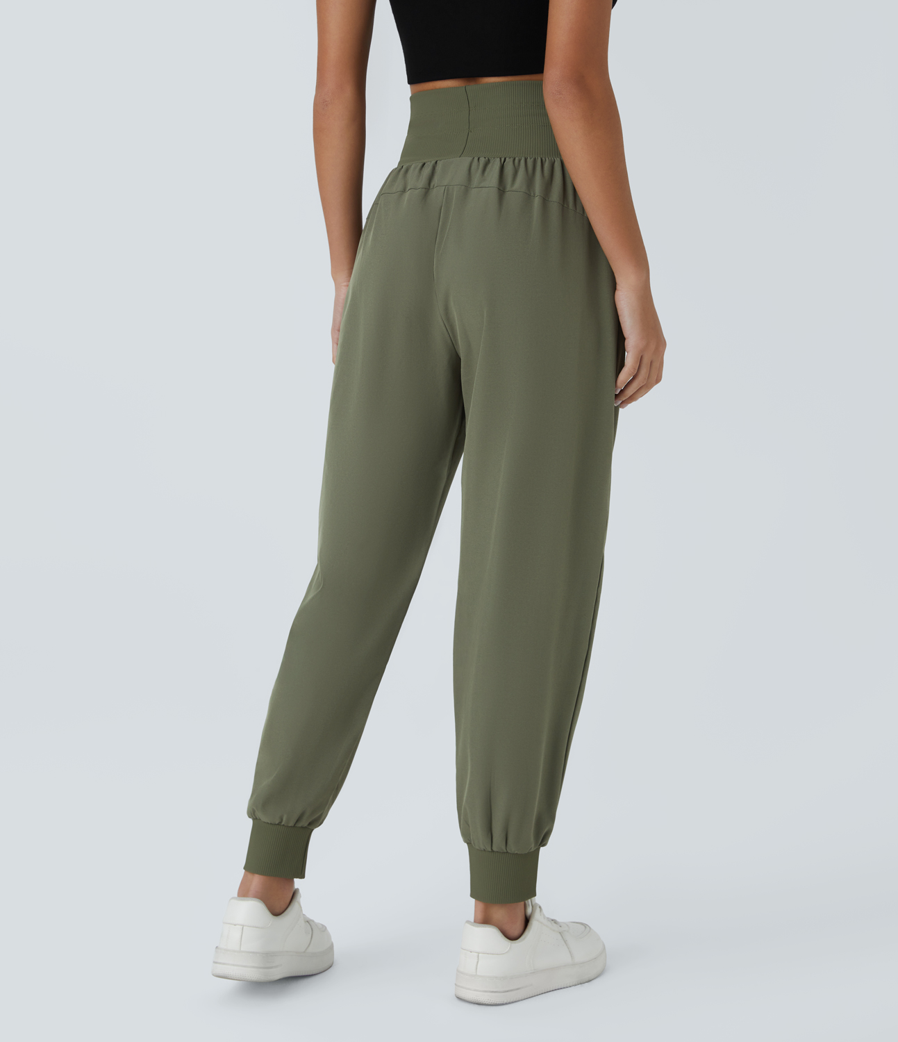 Halara High Waisted Wide Waistband Drawstring Ribbed Casual Joggers  - Agave Green - S 
