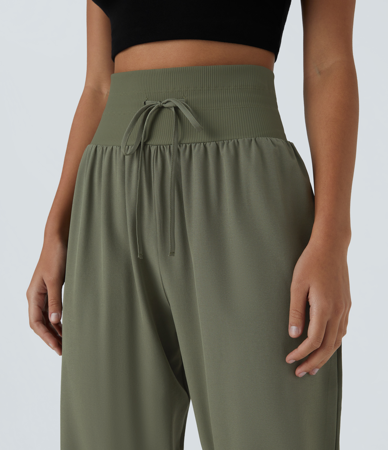 Halara High Waisted Wide Waistband Drawstring Ribbed Casual Joggers  - Agave Green - S 