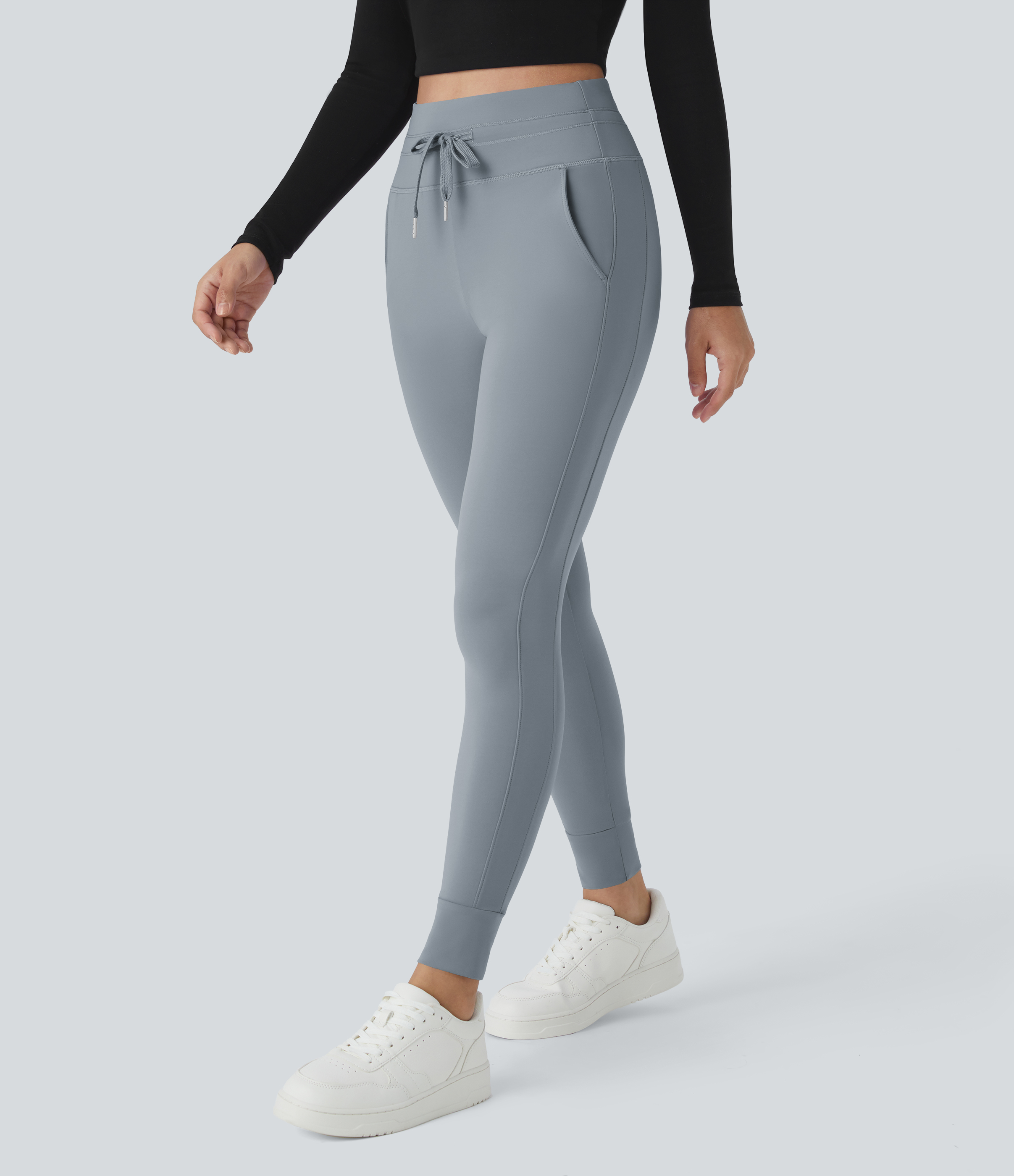 Halara Softlyzeroв„ў Plush High Waisted Drawstring Side Pocket Plain Full Length Joggers  - Sea Fog Blue - M(petite) 