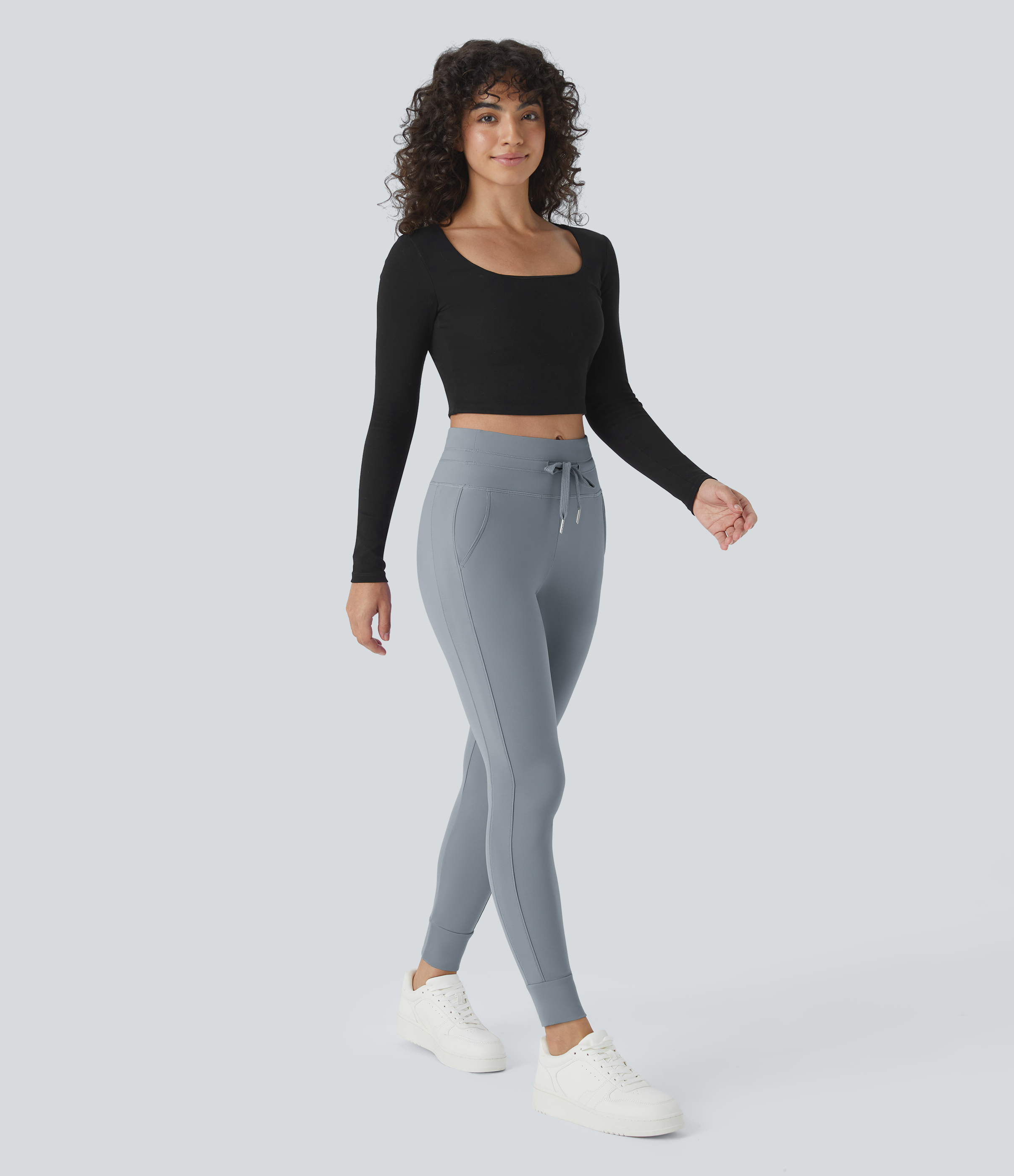 Halara Softlyzeroв„ў Plush High Waisted Drawstring Side Pocket Plain Full Length Joggers  - Sea Fog Blue - M(petite) 