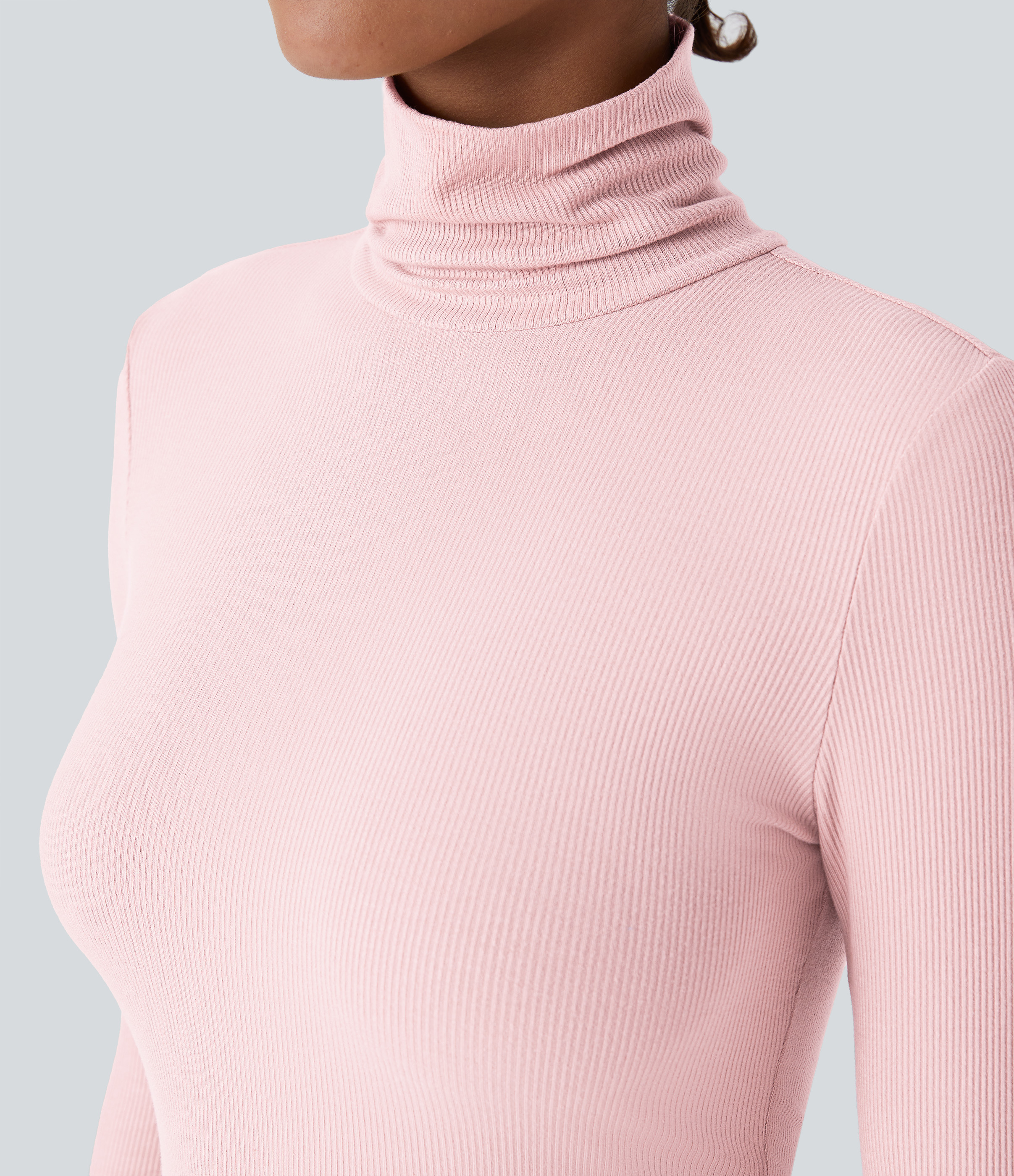 Halara Ribbed Knit High Collar Long Sleeve Casual Top Tank Top - Rose Haze Pink - M golf tops halter top tunic tops sleeveless tops 