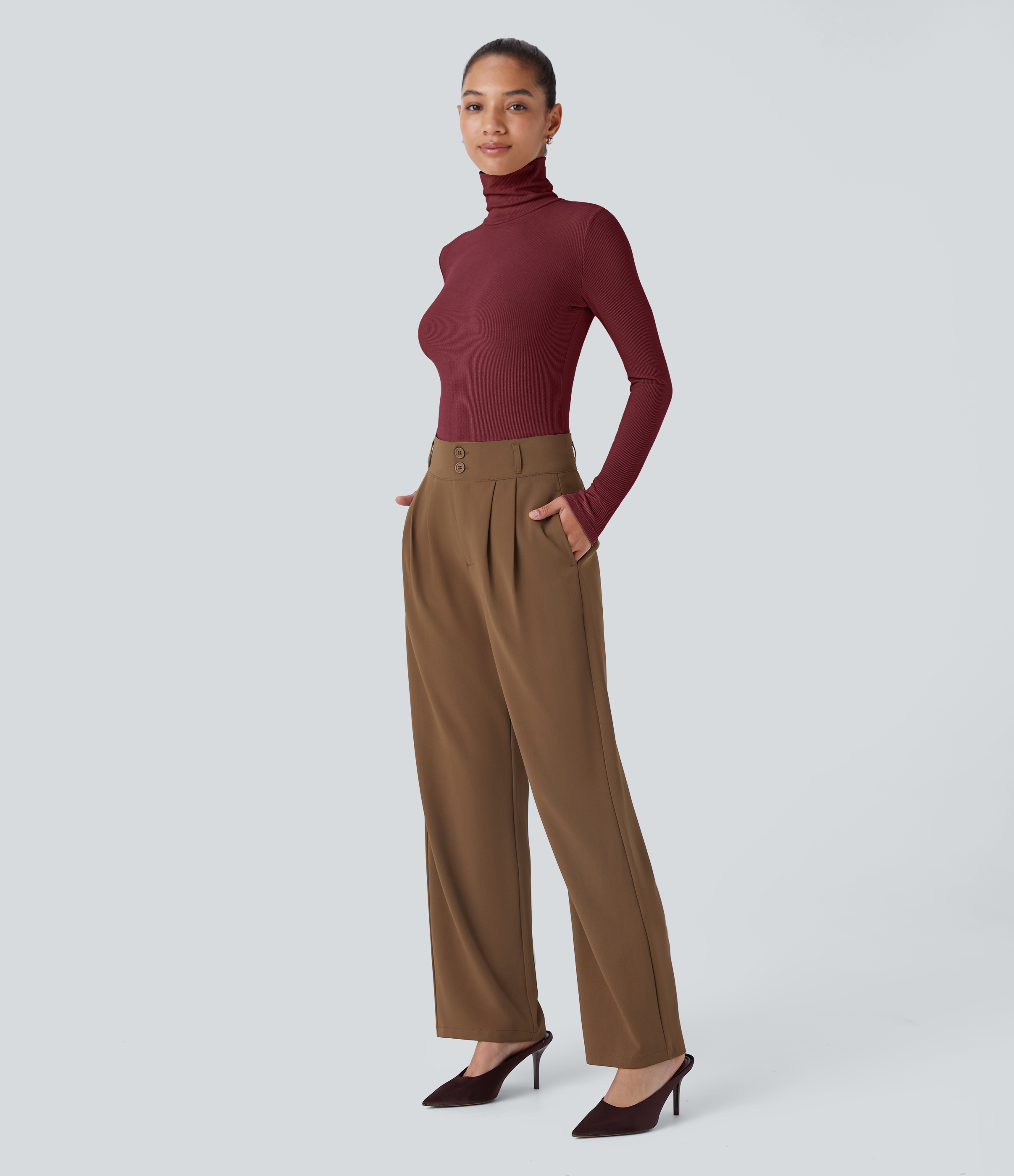 Halara Ribbed Knit High Collar Long Sleeve Casual Top Tank Top - Ruby Wine - M golf tops halter top tunic tops sleeveless tops backless top 