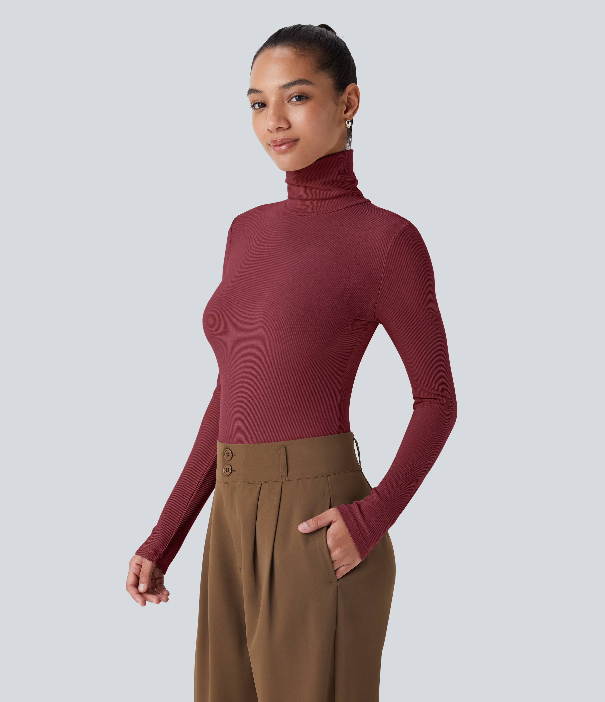 Halara Ribbed Knit High Collar Long Sleeve Casual Top Tank Top - Ruby Wine - M golf tops halter top tunic tops sleeveless tops backless top 