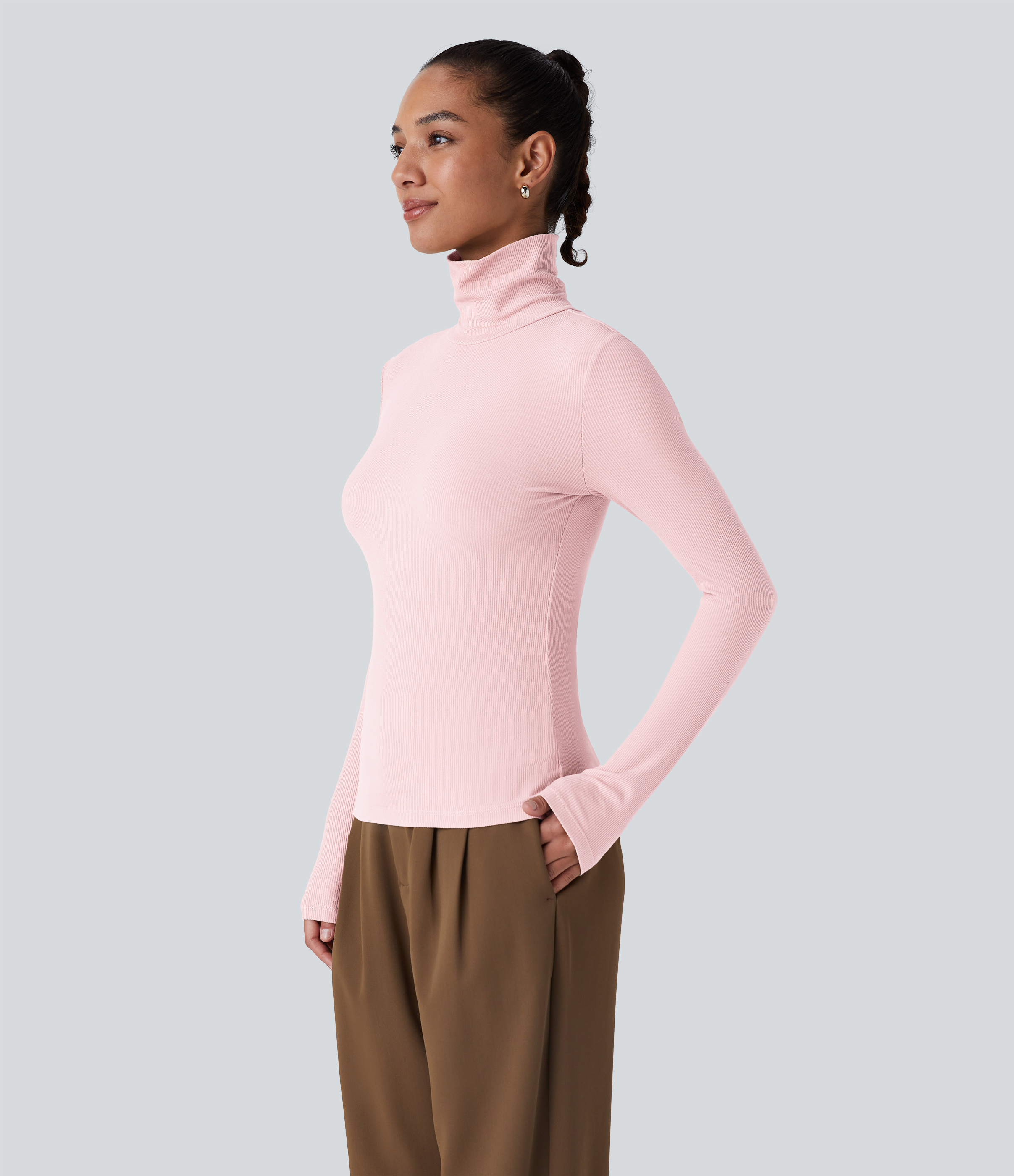 Halara Ribbed Knit High Collar Long Sleeve Casual Top Tank Top - Rose Haze Pink - M golf tops halter top tunic tops sleeveless tops 