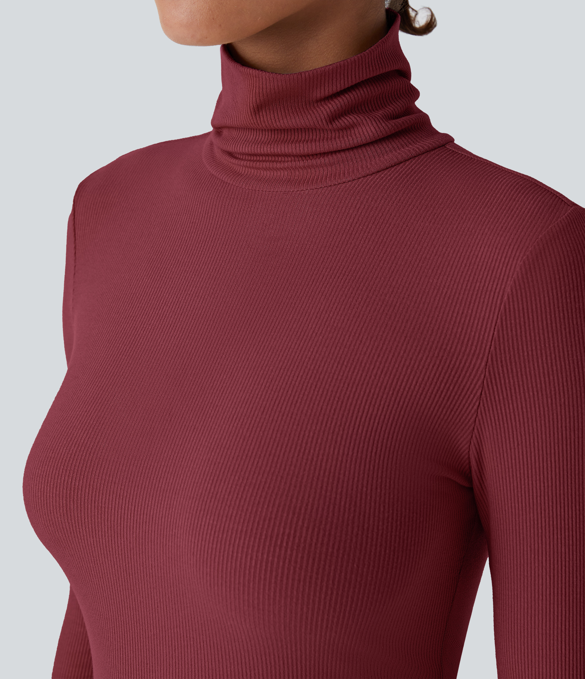 Halara Ribbed Knit High Collar Long Sleeve Casual Top Tank Top - Ruby Wine - M golf tops halter top tunic tops sleeveless tops backless top 