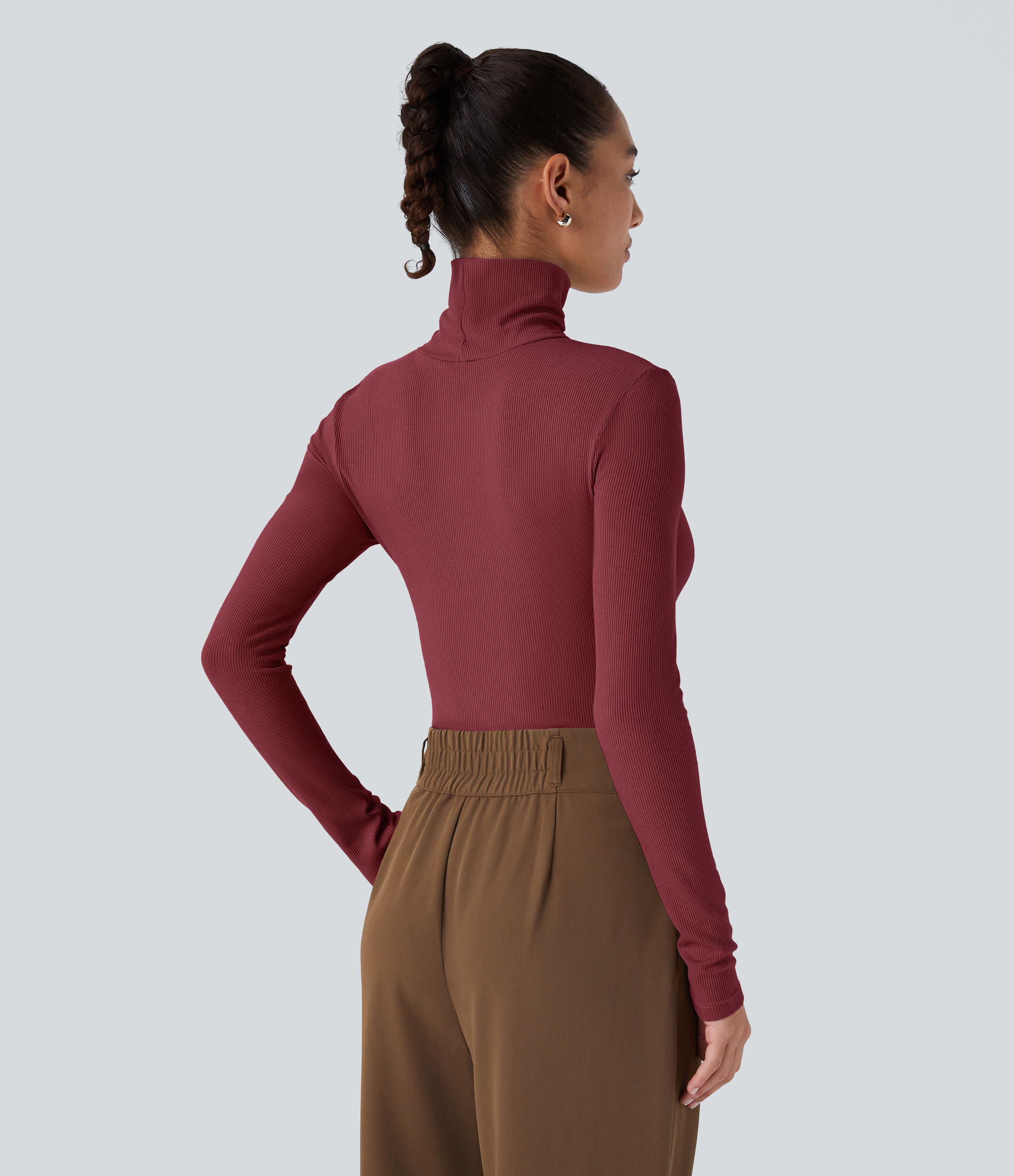 Halara Ribbed Knit High Collar Long Sleeve Casual Top Tank Top - Ruby Wine - M golf tops halter top tunic tops sleeveless tops backless top 
