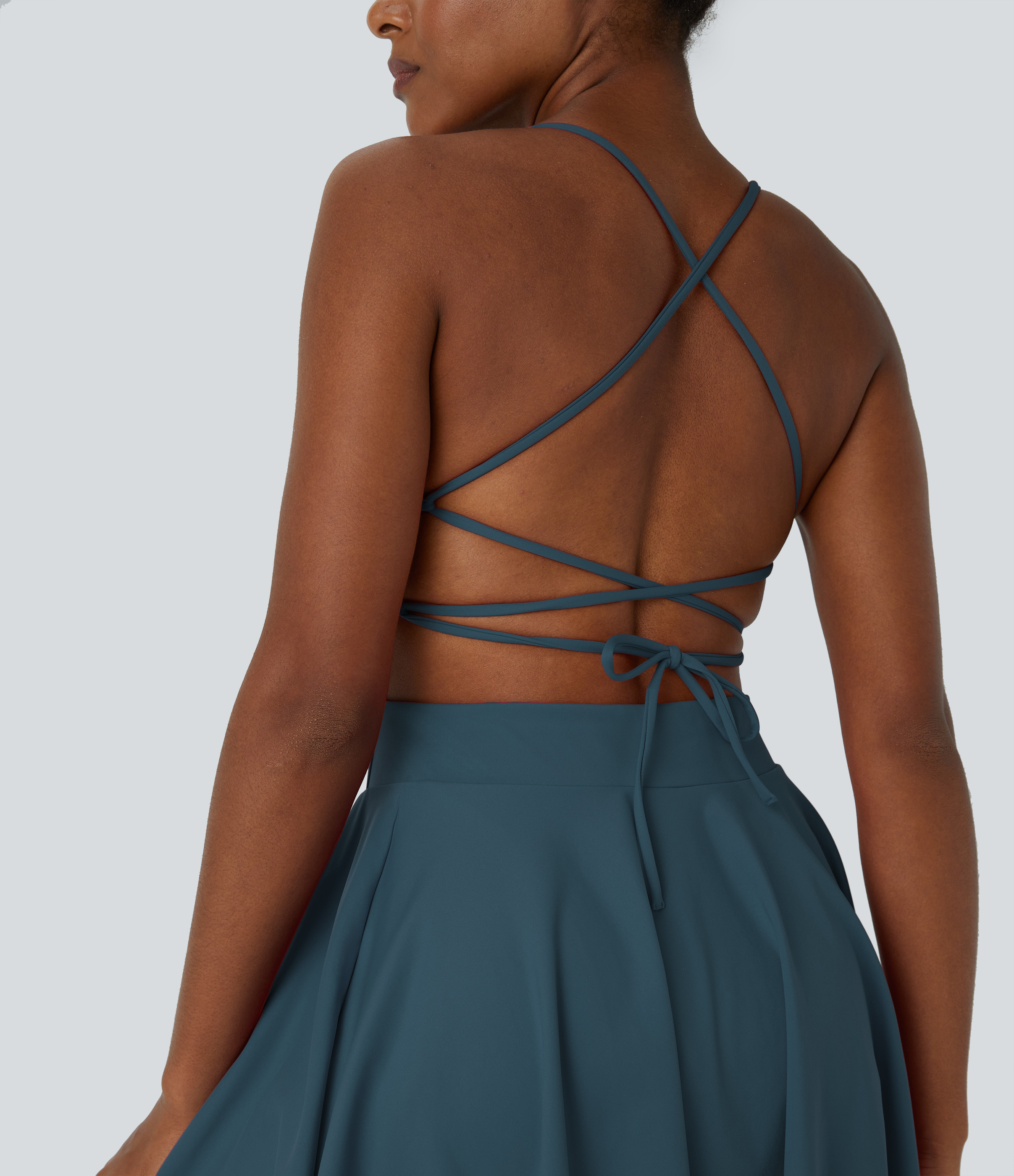 Halara Backless Crisscross Lace Up 2-in-1 Pocket Mini Slip Active Dress Workout Dress - Majolica Blue - L 