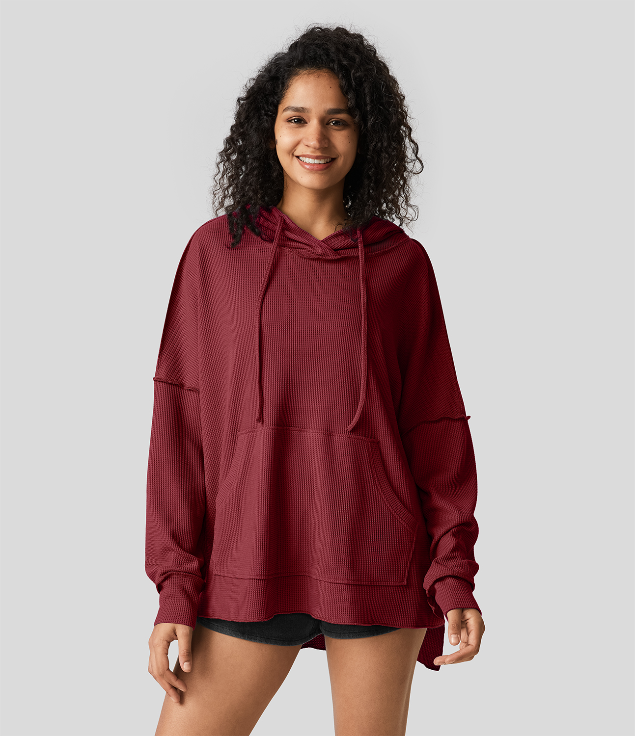 Halara Hooded Drawstring Kangaroo Pocket Split Hem High Low Oversize Casual Waffle Sweatshirt  - Plum Bossom Red - XS 
